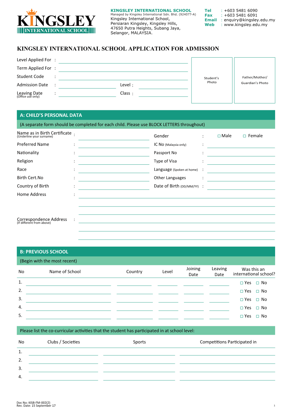 Kingsley Admission Form-15 Sept 17