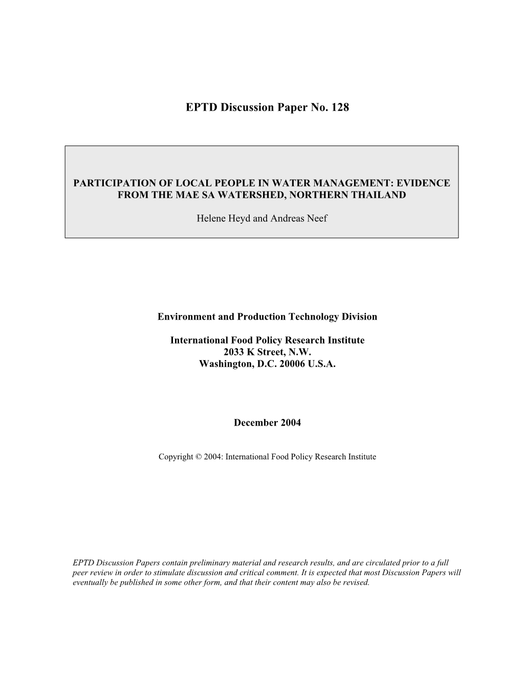 Participation of Local People in Water Management: Evidence from the Mae Sa Watershed, Northern Thailand