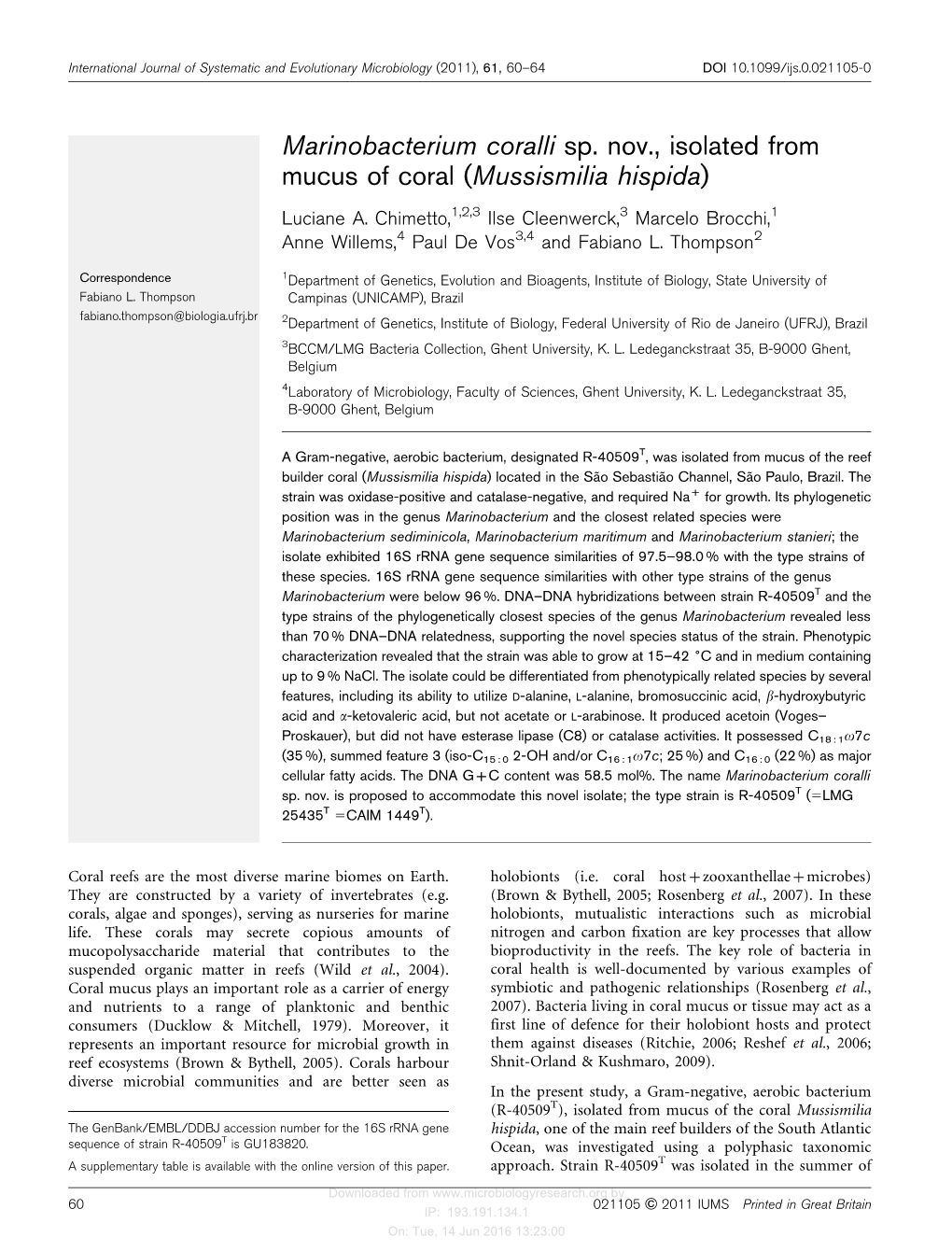 Marinobacterium Coralli Sp. Nov., Isolated from Mucus of Coral (Mussismilia Hispida)