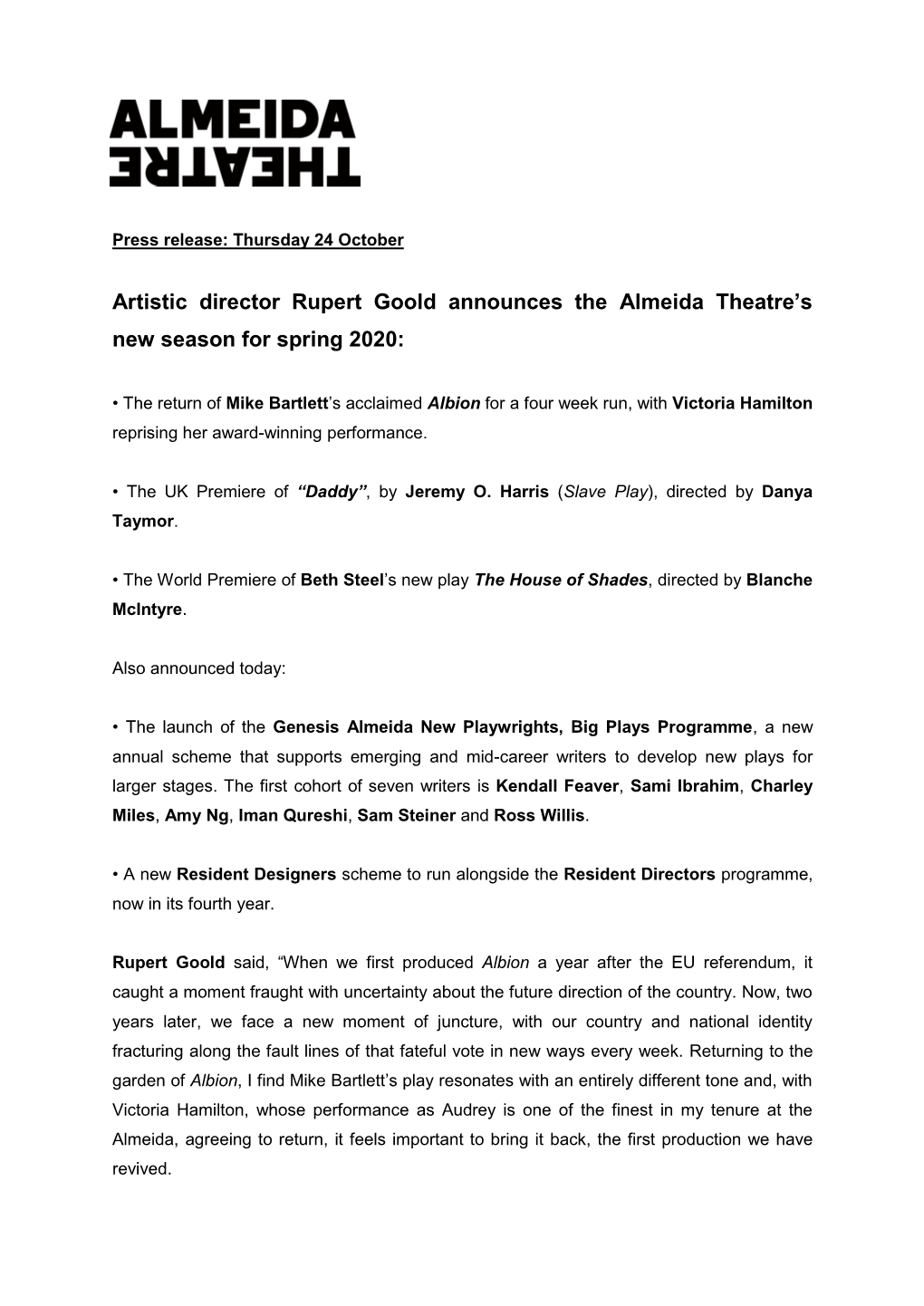 Artistic Director Rupert Goold Announces the Almeida Theatre’S New Season for Spring 2020