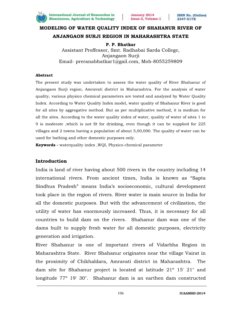 Modeling of Water Quality Index of Shahanur River of Anjangaon Surji Region in Maharashtra State P