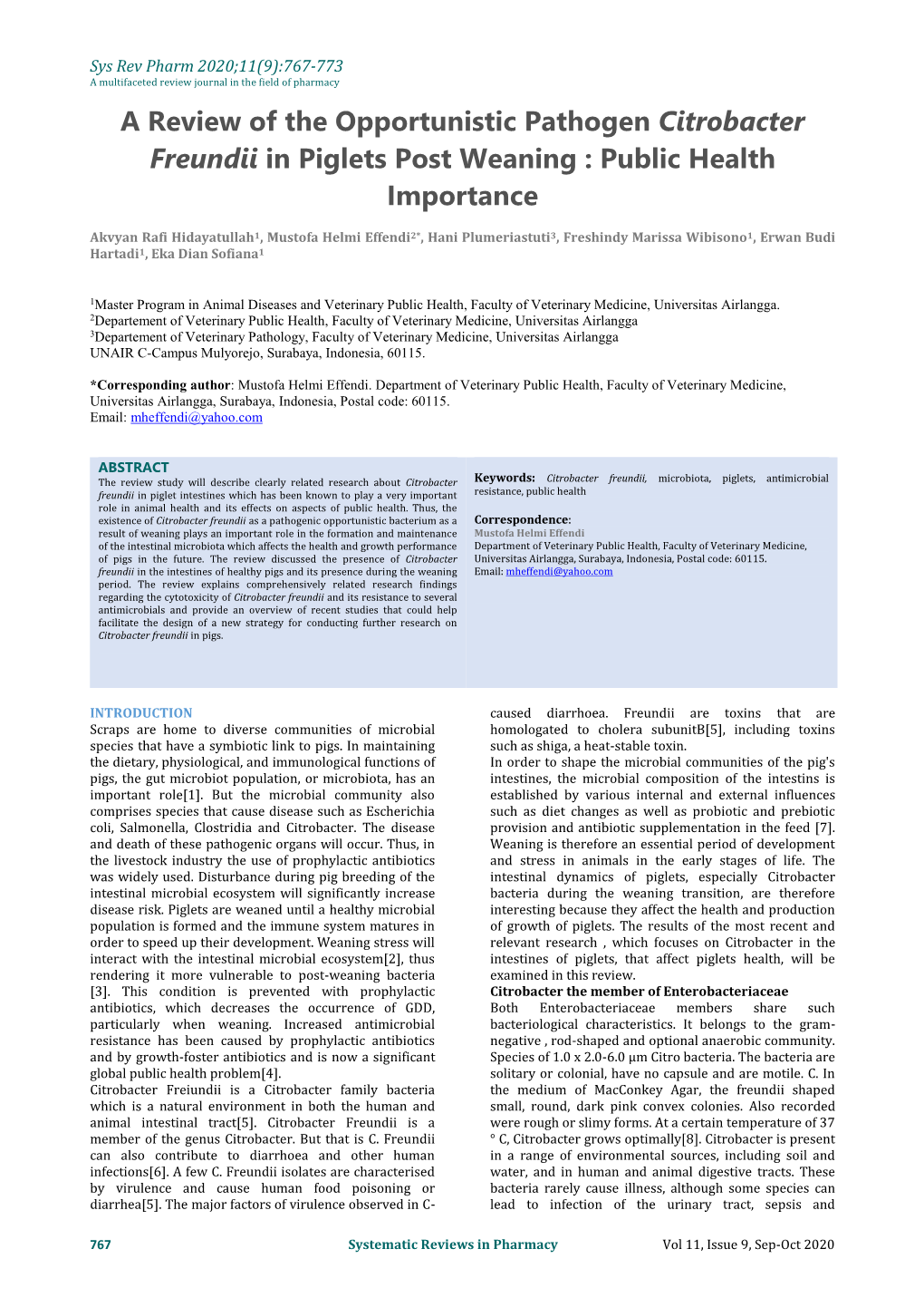 A Review of the Opportunistic Pathogen Citrobacter Freundii in Piglets Post Weaning : Public Health Importance