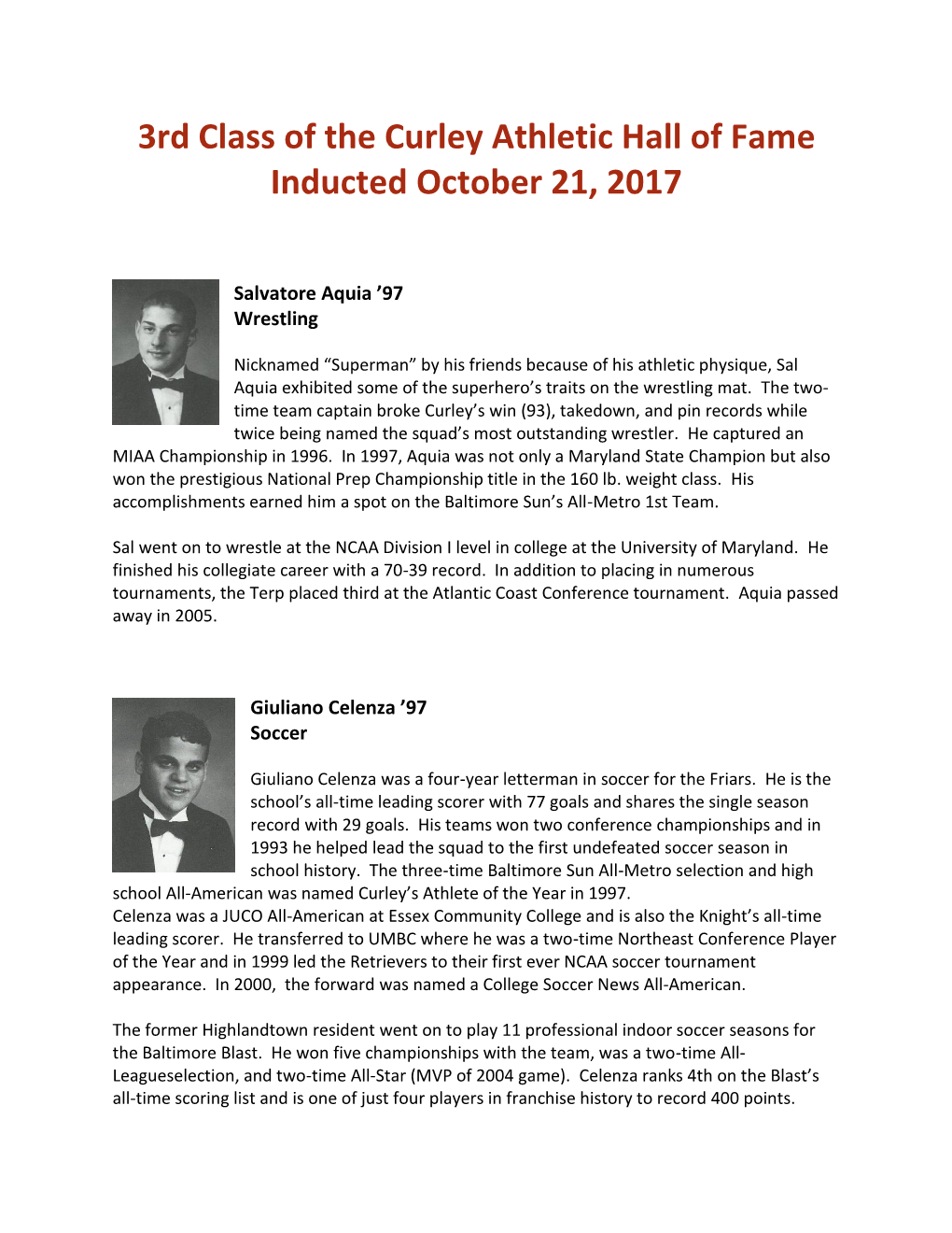 3Rd Class of the Curley Athletic Hall of Fame Inducted October 21, 2017