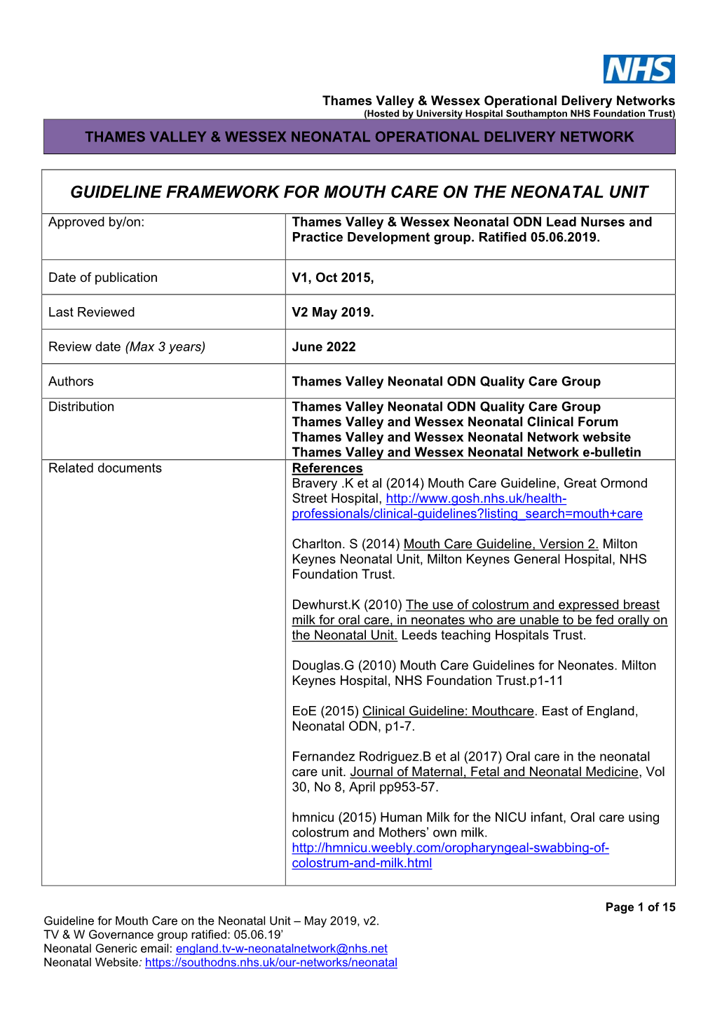 Guideline Framework for Mouth Care on the Neonatal Unit