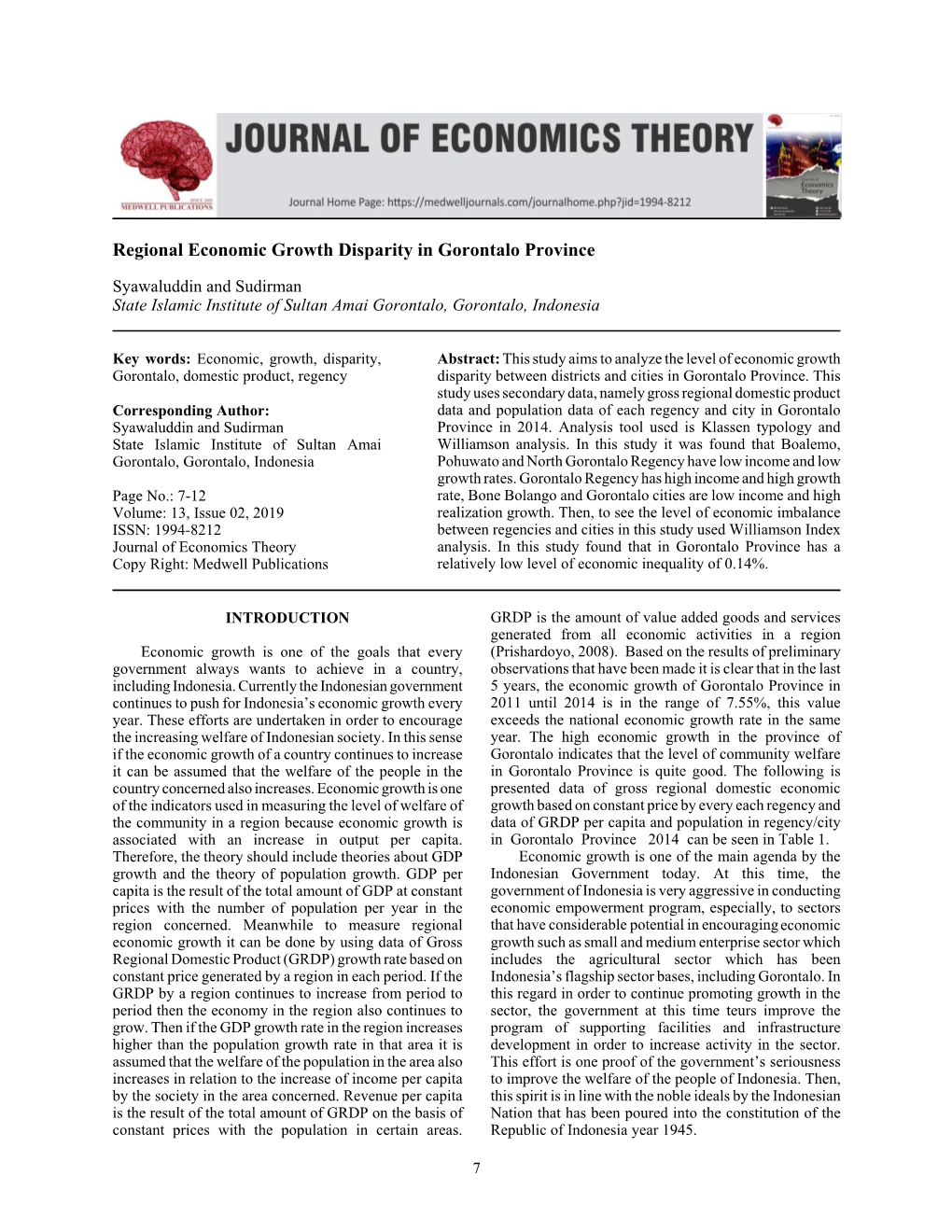 Regional Economic Growth Disparity in Gorontalo Province