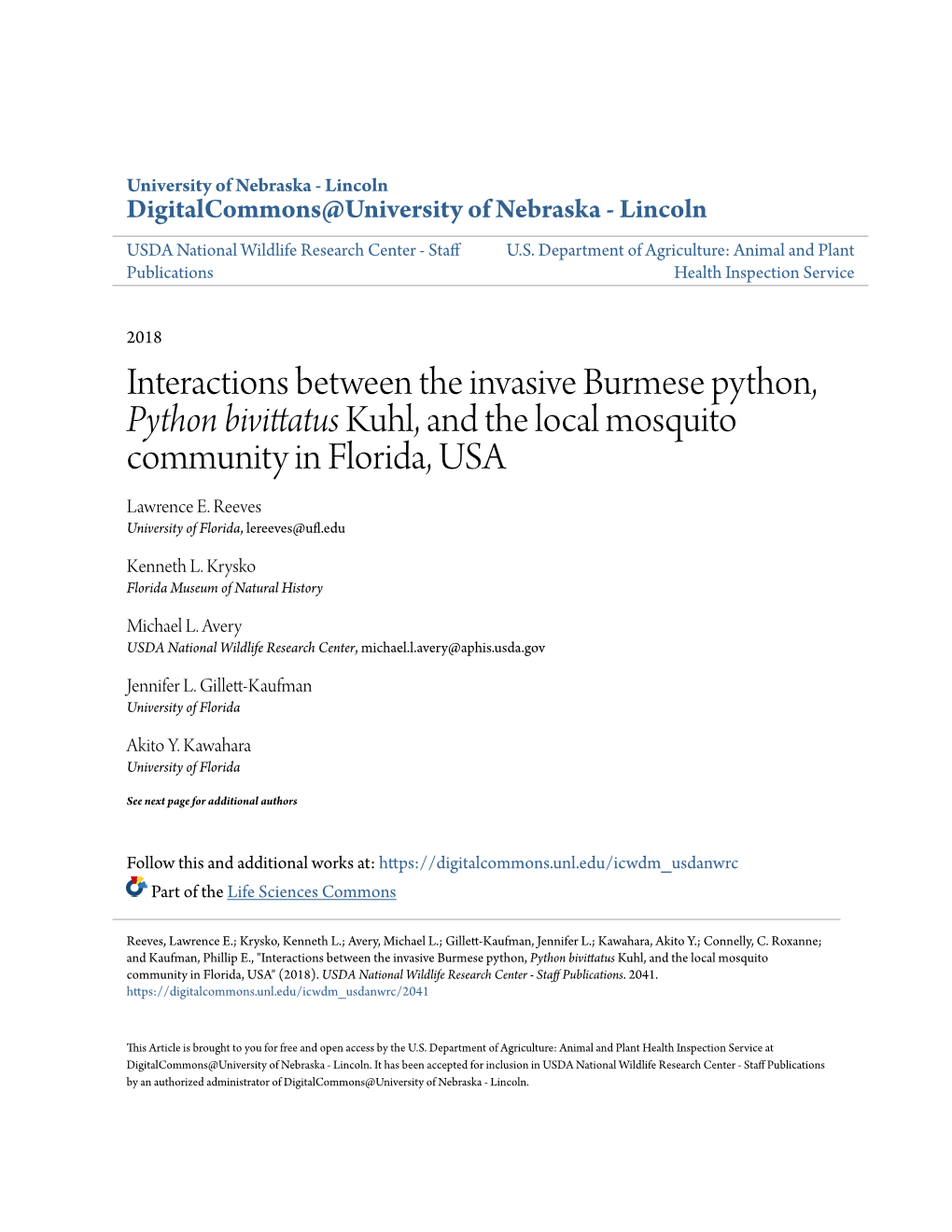 Interactions Between the Invasive Burmese Python, Python Bivittatus Kuhl, and the Local Mosquito Community in Florida, USA Lawrence E