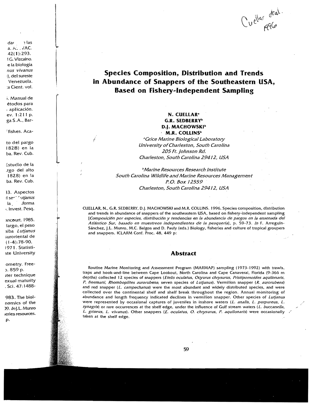 Species Composition, Distribution and Trends in Abundance of Snappers of the Southeastern USA, Based on Fishery-Independent Sampling ,Mcourt