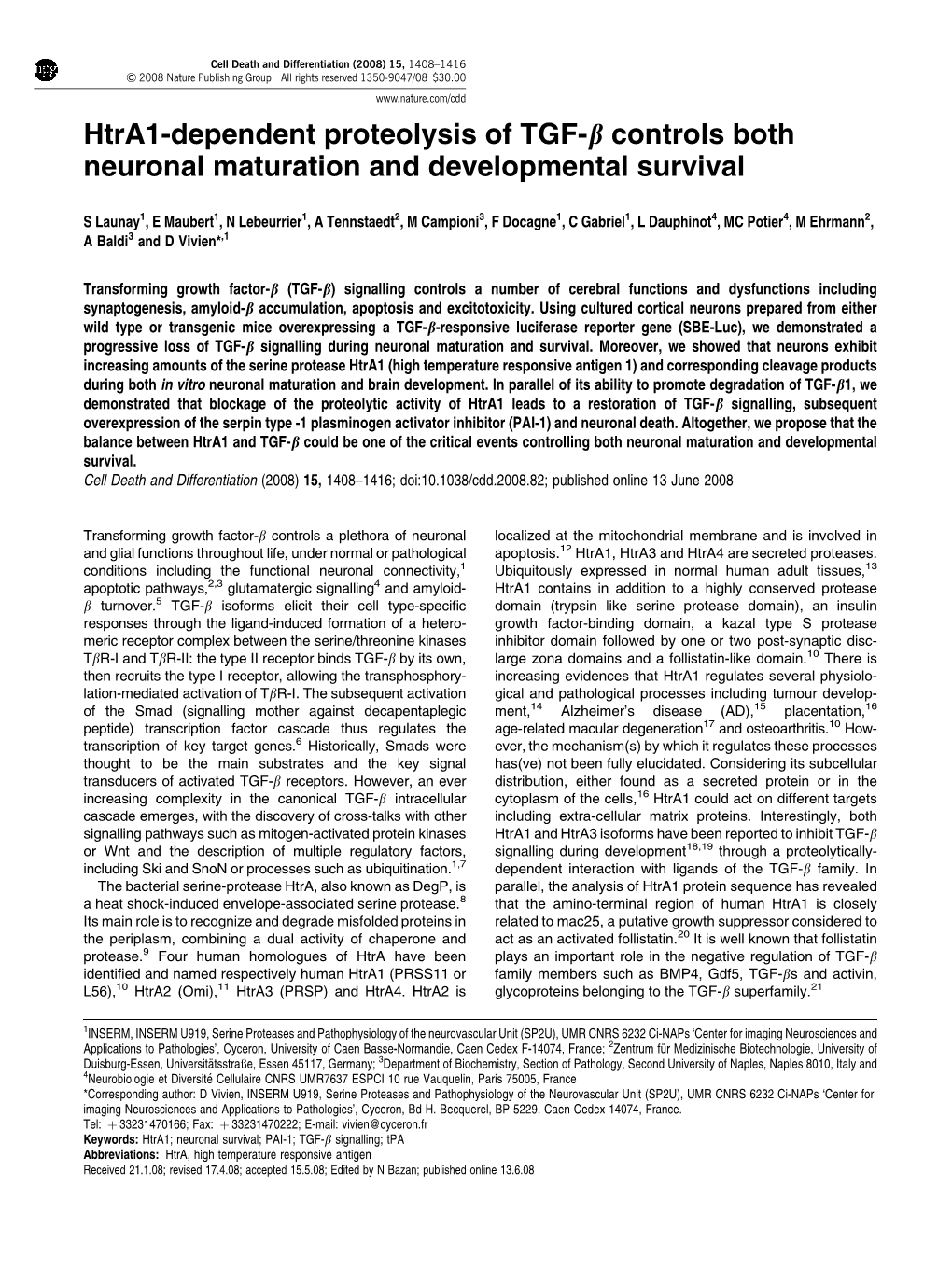 Htra1-Dependent Proteolysis of TGF-B Controls Both Neuronal Maturation and Developmental Survival