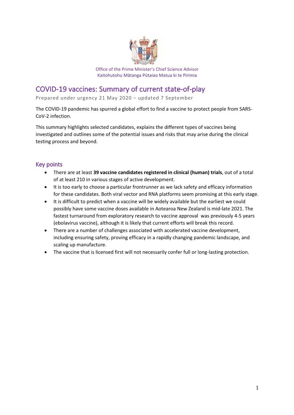 COVID-19 Vaccines: Summary of Current State-Of-Play Prepared Under Urgency 21 May 2020 – Updated 7 September