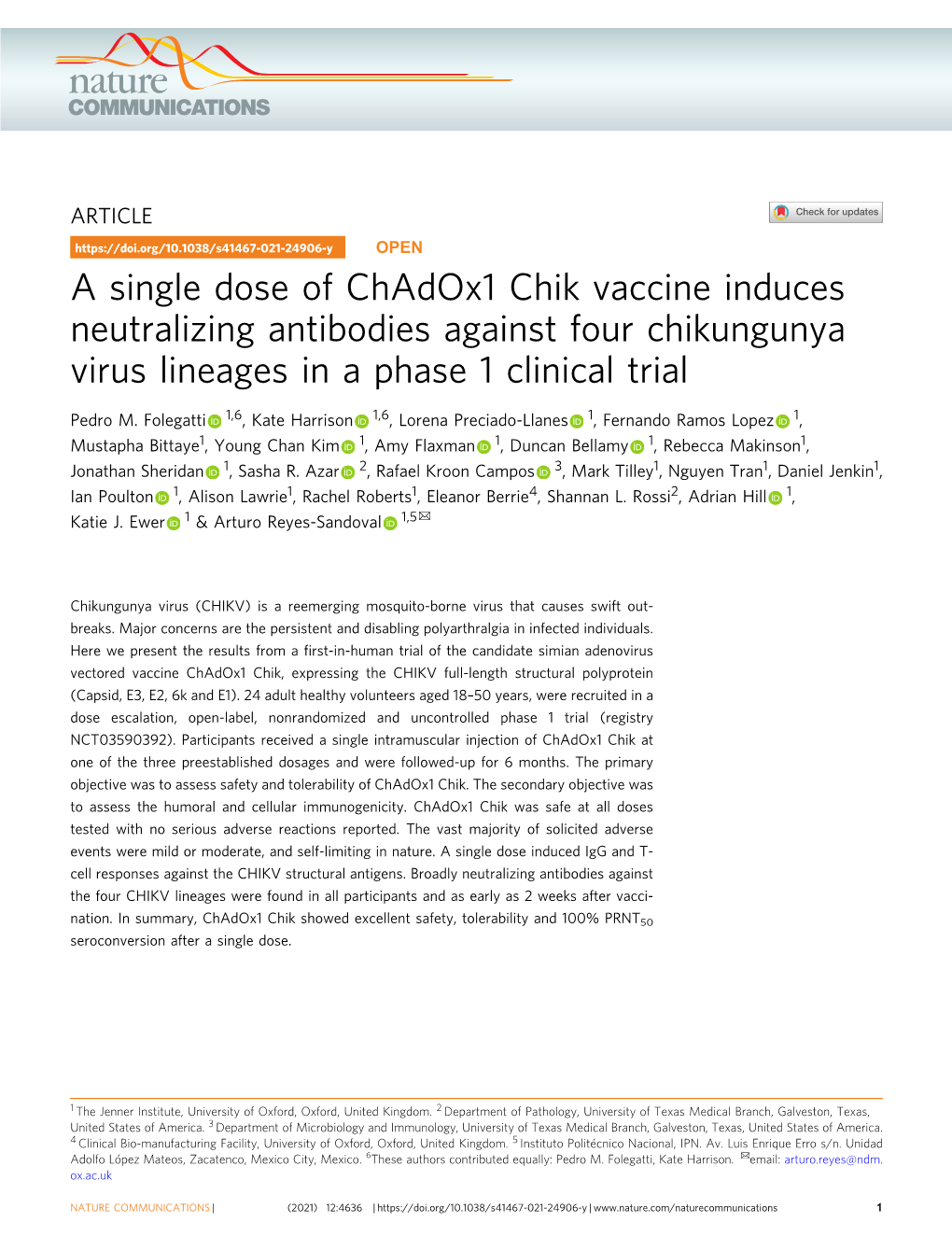 A Single Dose of Chadox1 Chik Vaccine Induces Neutralizing Antibodies Against Four Chikungunya Virus Lineages in a Phase 1 Clinical Trial