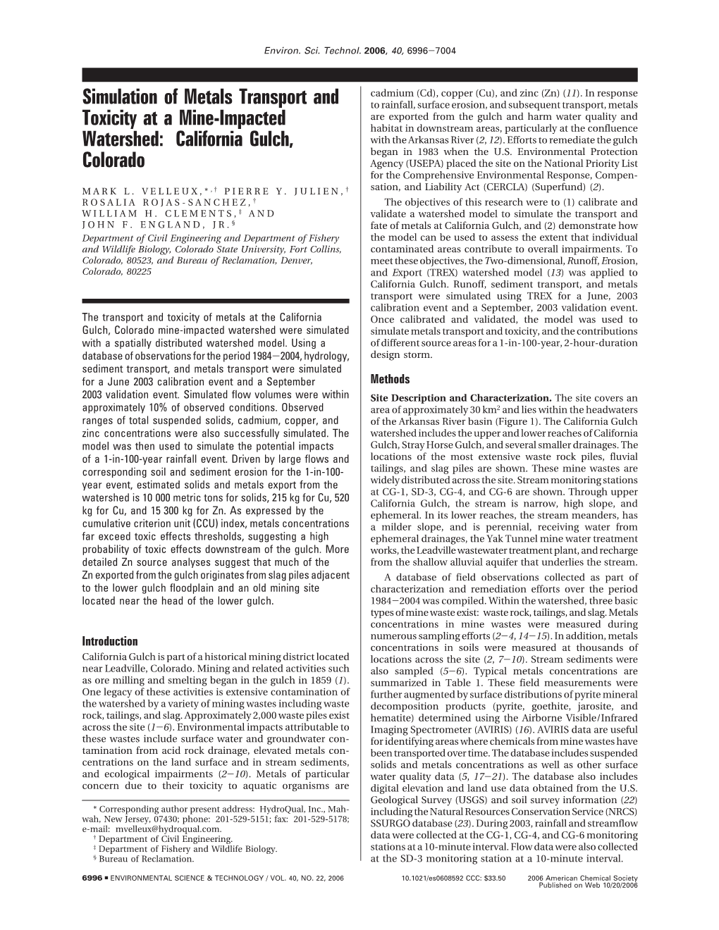 Simulation of Metals Transport and Toxicity at a Mine-Impacted Watershed: California Gulch, Colorado