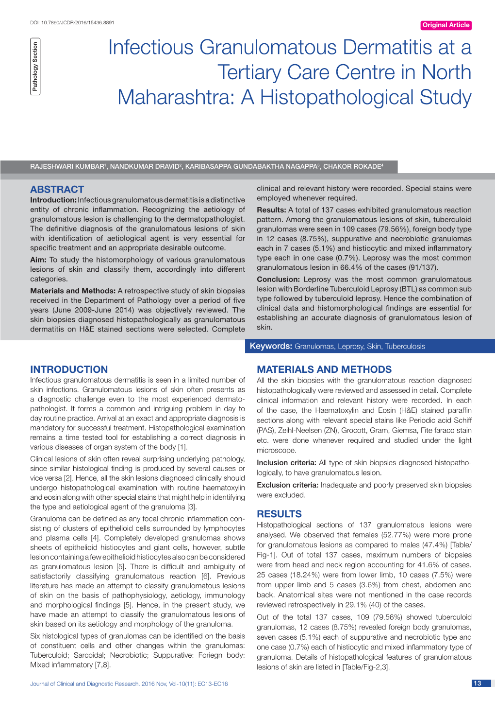 Infectious Granulomatous Dermatitis at a Tertiary Care Centre in North Pathology Section Maharashtra: a Histopathological Study