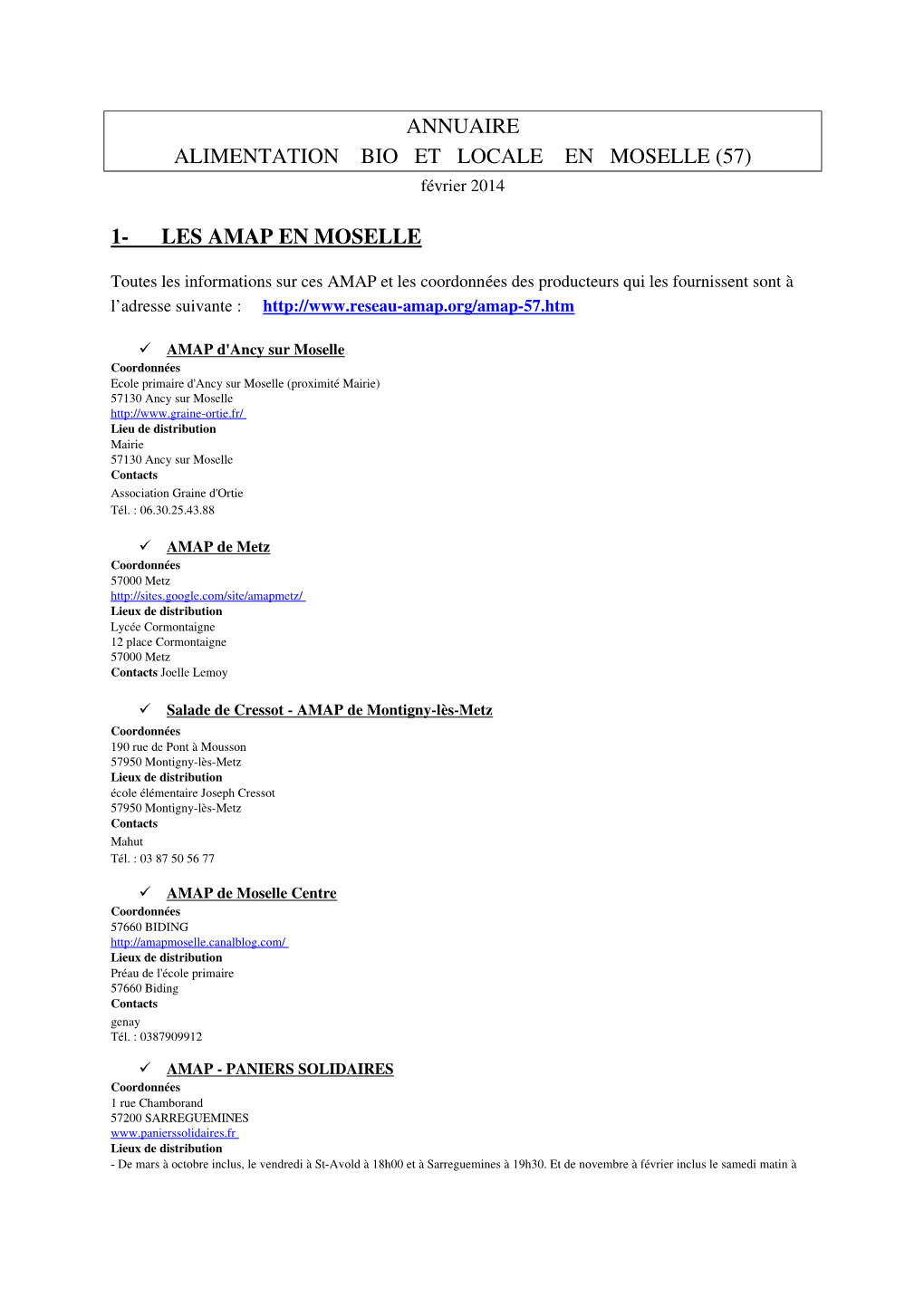 ANNUAIRE ALIMENTATION BIO ET LOCALE EN MOSELLE (57) Février 2014