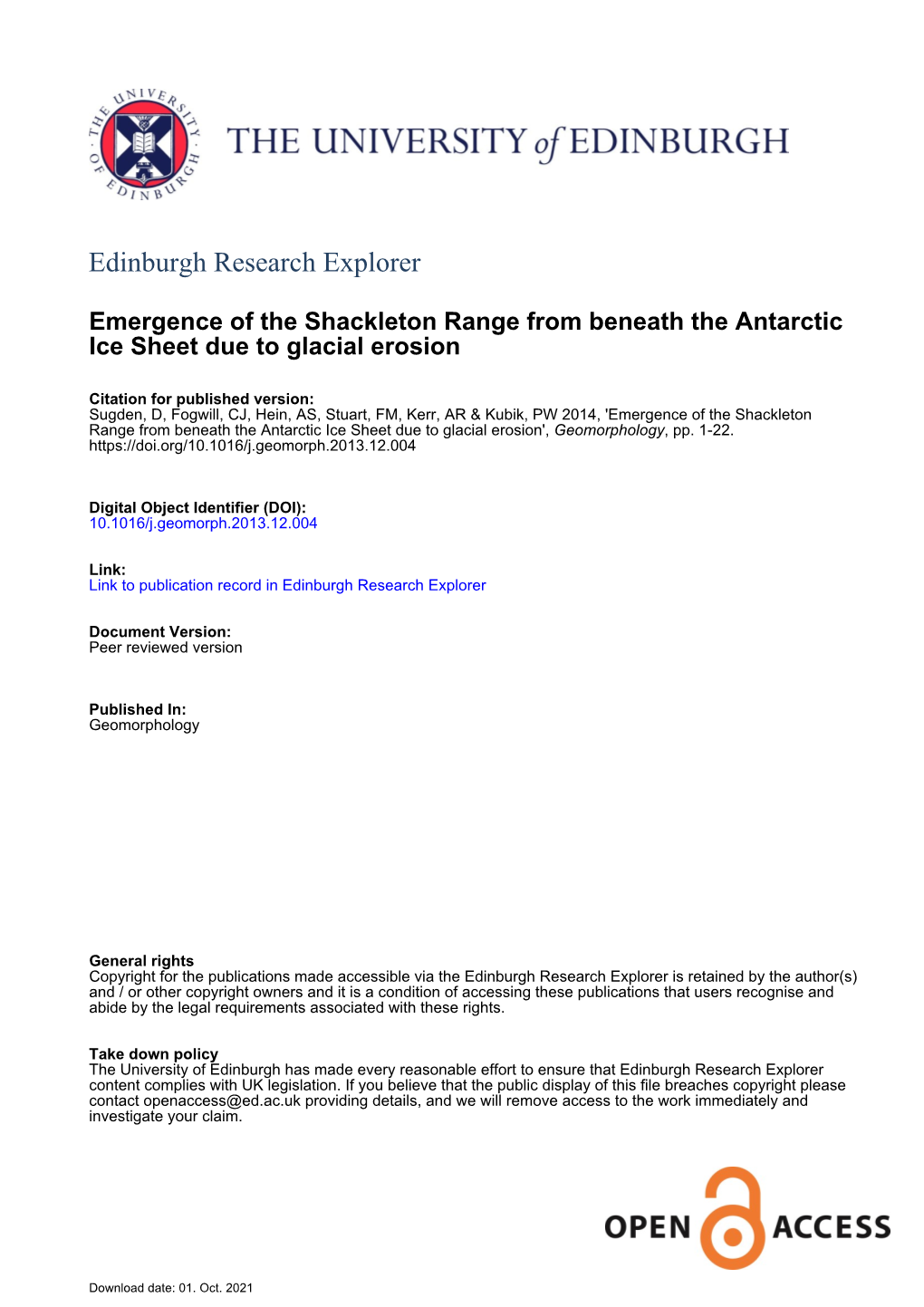 Emergence of the Shackleton Range from Beneath the Antarctic