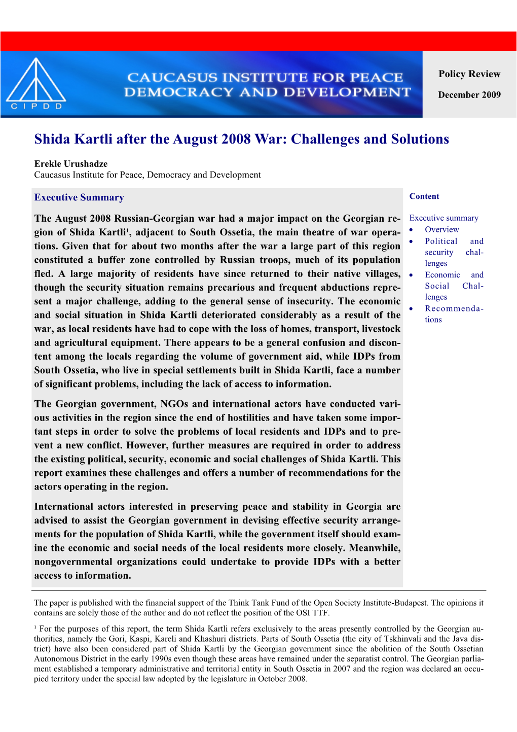 Shida Kartli After the August 2008 War: Challenges and Solutions