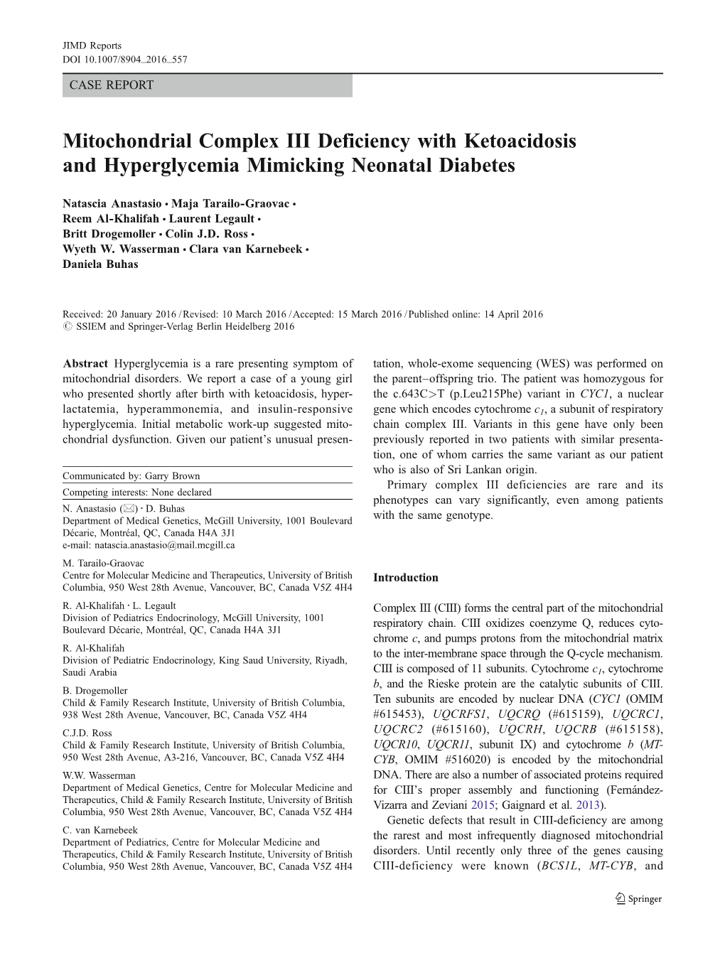 Mitochondrial Complex III Deficiency with Ketoacidosis and Hyperglycemia Mimicking Neonatal Diabetes