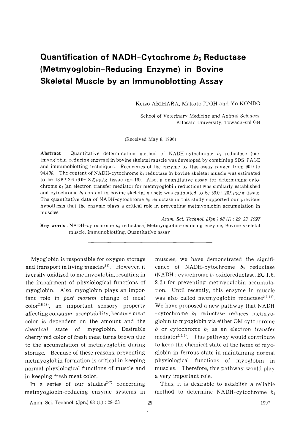 Quantification of NADH-Cytochrome B5 Reductase (Metmyoglobin-Reducing Enzyme) in Bovine Skeletal Muscle by an Immunoblotting Assay