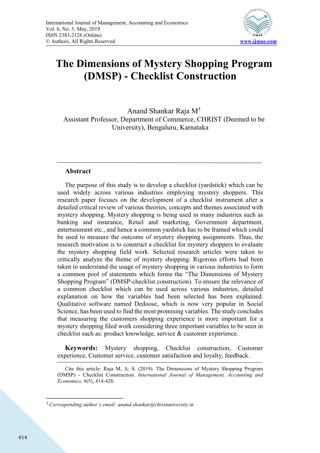 The Dimensions of Mystery Shopping Program (DMSP) - Checklist Construction