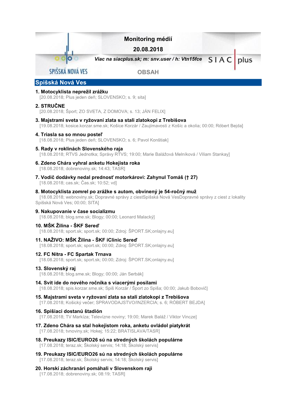 Monitoring Médií 20.08.2018 OBSAH Spišská Nová
