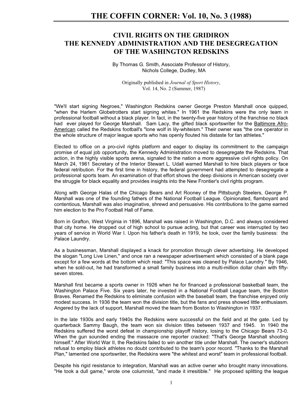 Civil Rights on the Gridiron the Kennedy Administration and the Desegregation of the Washington Redskins