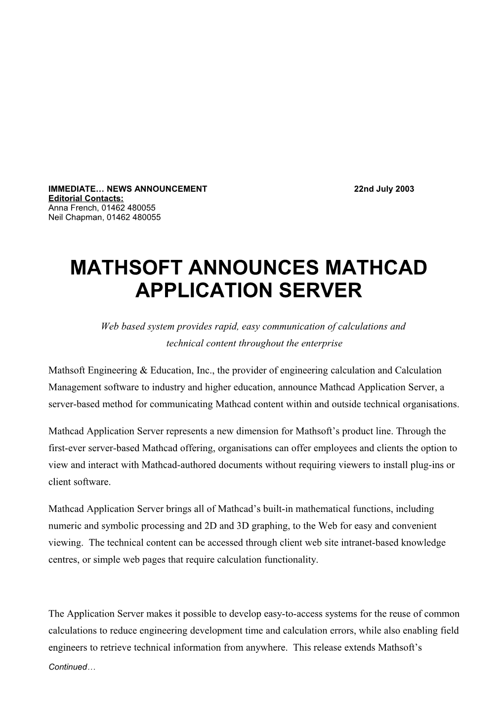 Mathsoft Announces Mathcad Application Server