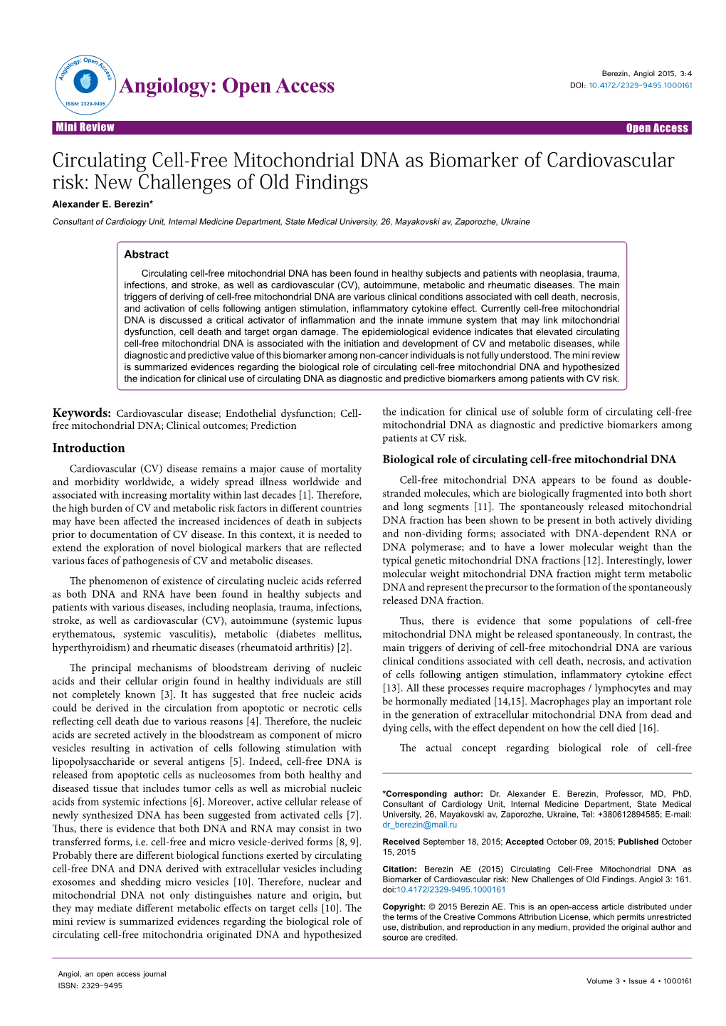 Circulating Cell-Free Mitochondrial DNA As Biomarker of Cardiovascular Risk: New Challenges of Old Findings Alexander E