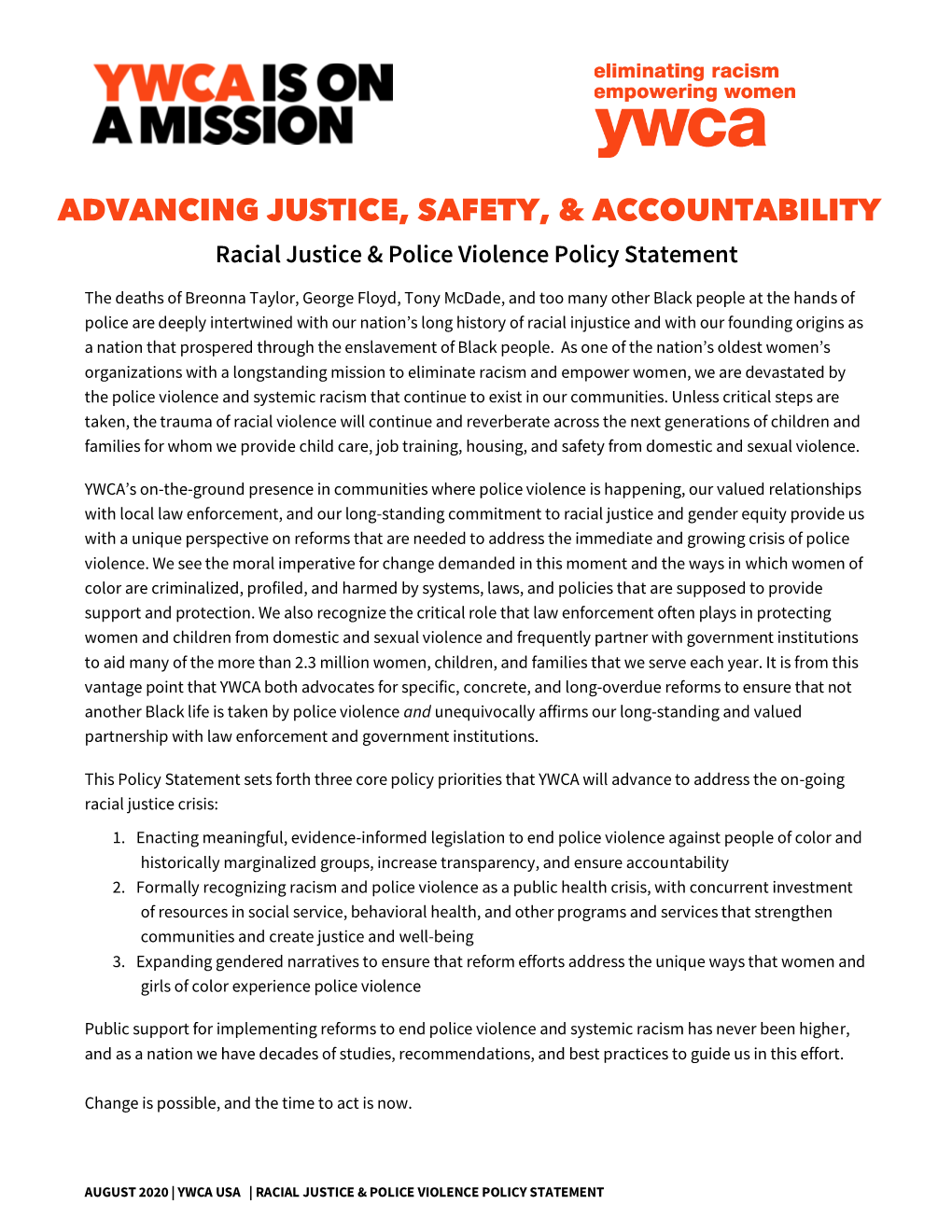 YWCA Racial Justice and Police Accountability Policy Statement