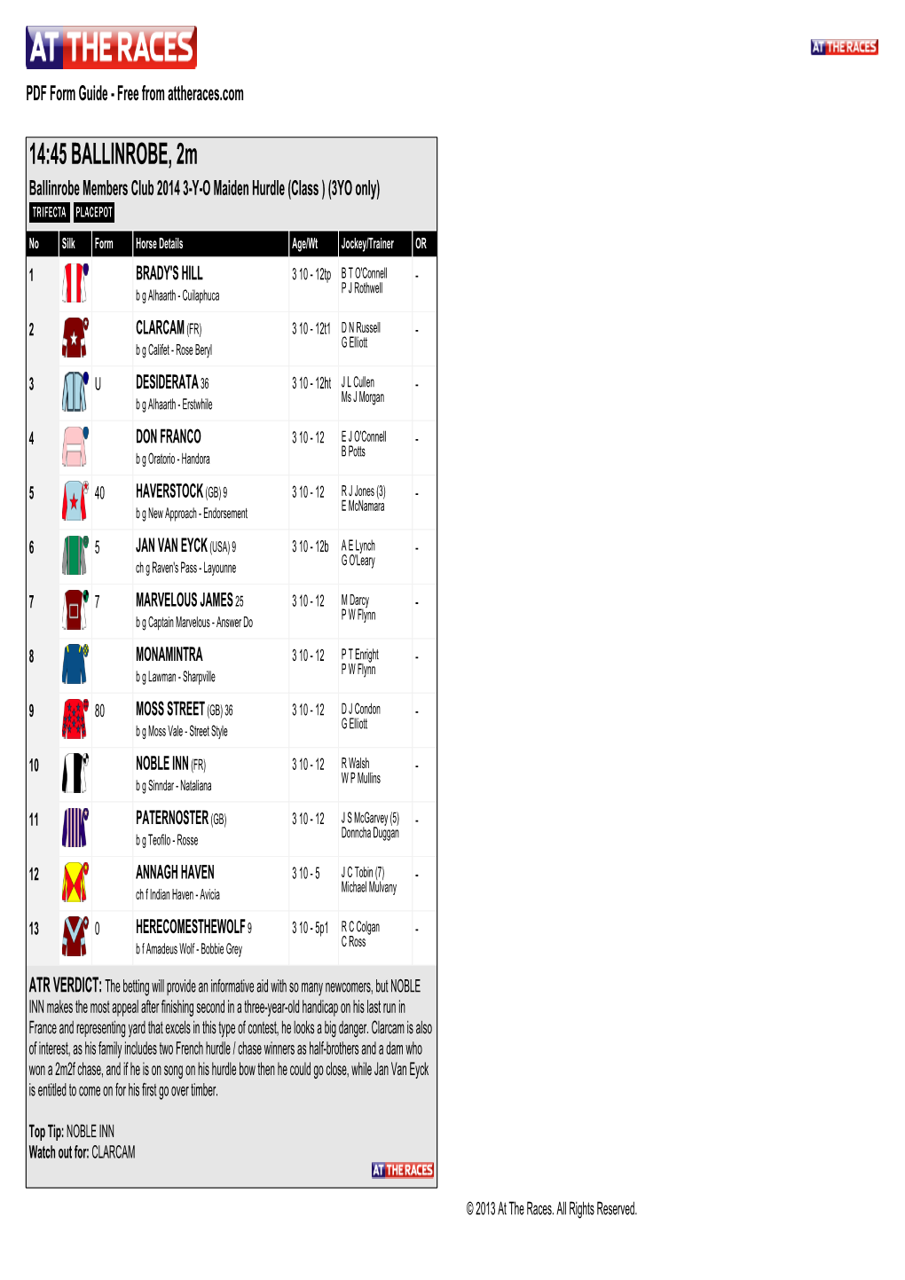 14:45 BALLINROBE, 2M Ballinrobe Members Club 2014 3-Y-O Maiden Hurdle (Class ) (3YO Only)