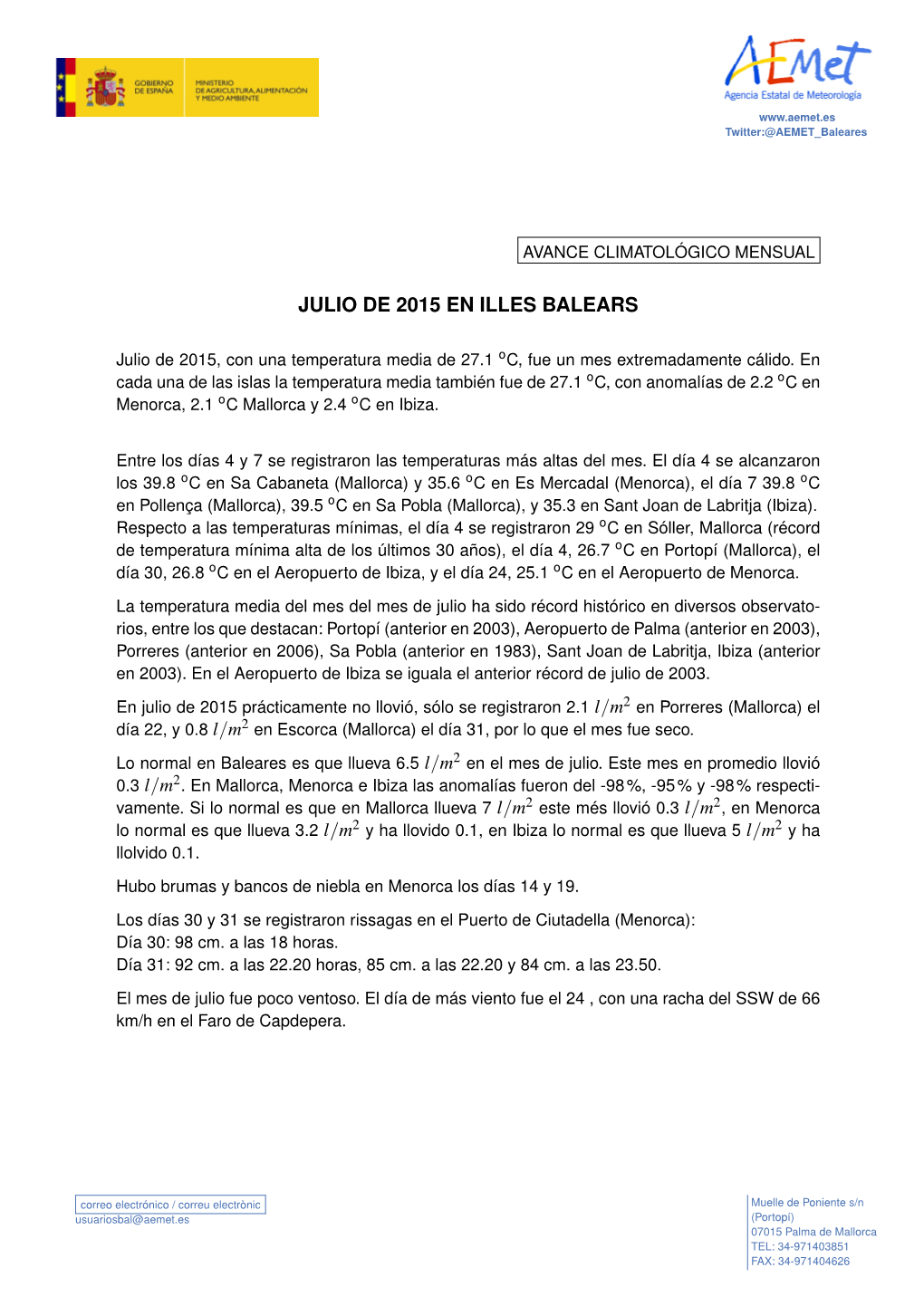 Avance Climatológico Mensual Julio 2015