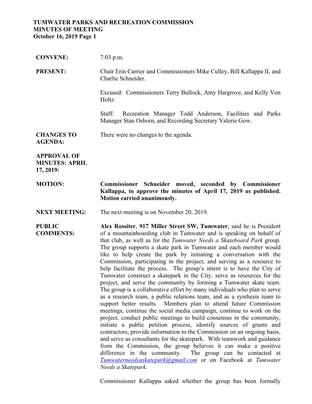 TUMWATER PARKS and RECREATION COMMISSION MINUTES of MEETING October 16, 2019 Page 1