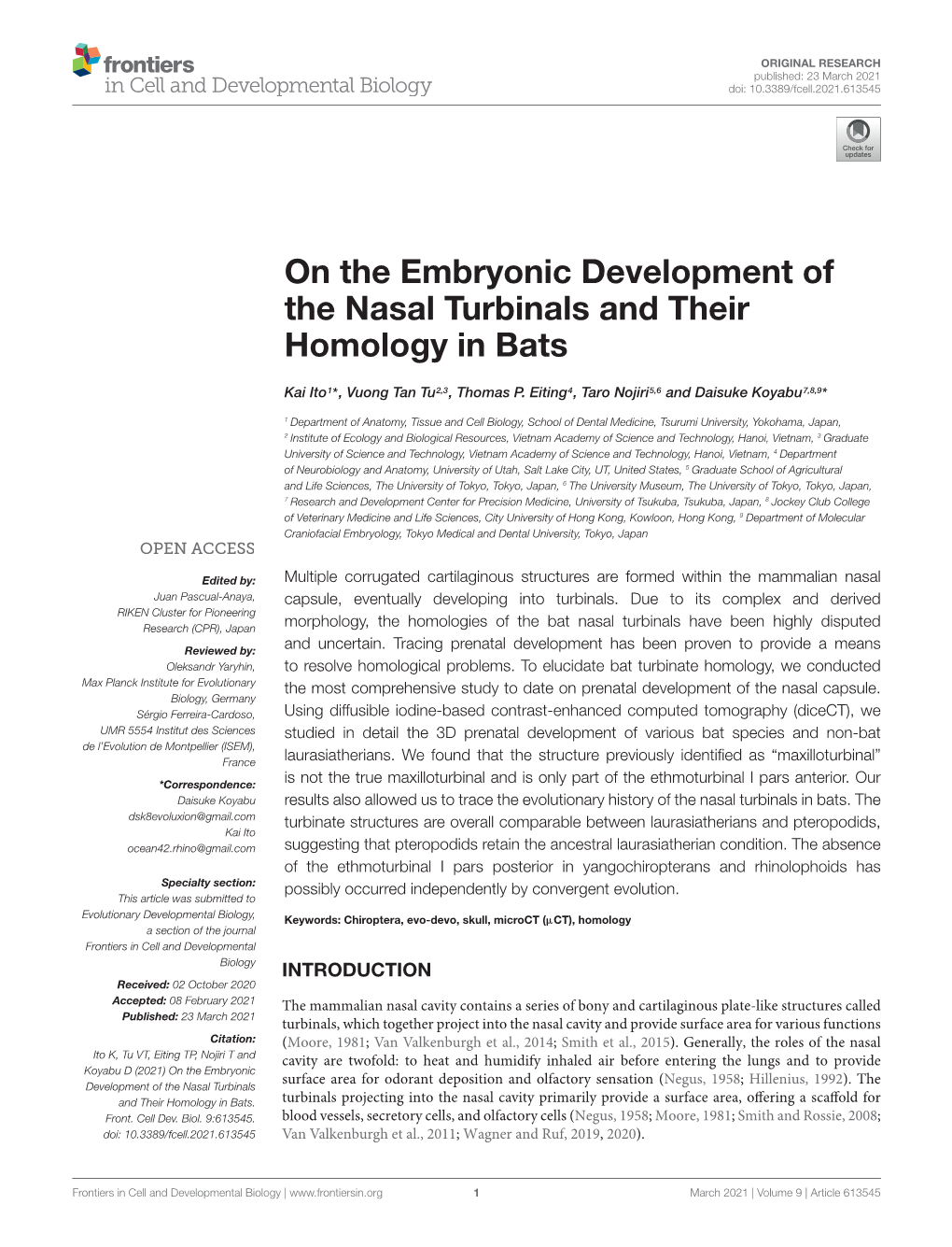 On the Embryonic Development of the Nasal Turbinals and Their Homology in Bats