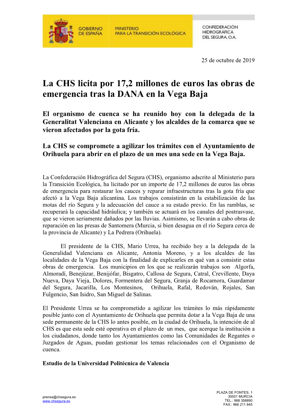 La CHS Licita Por 17,2 Millones De Euros Las Obras De Emergencia Tras La DANA En La Vega Baja