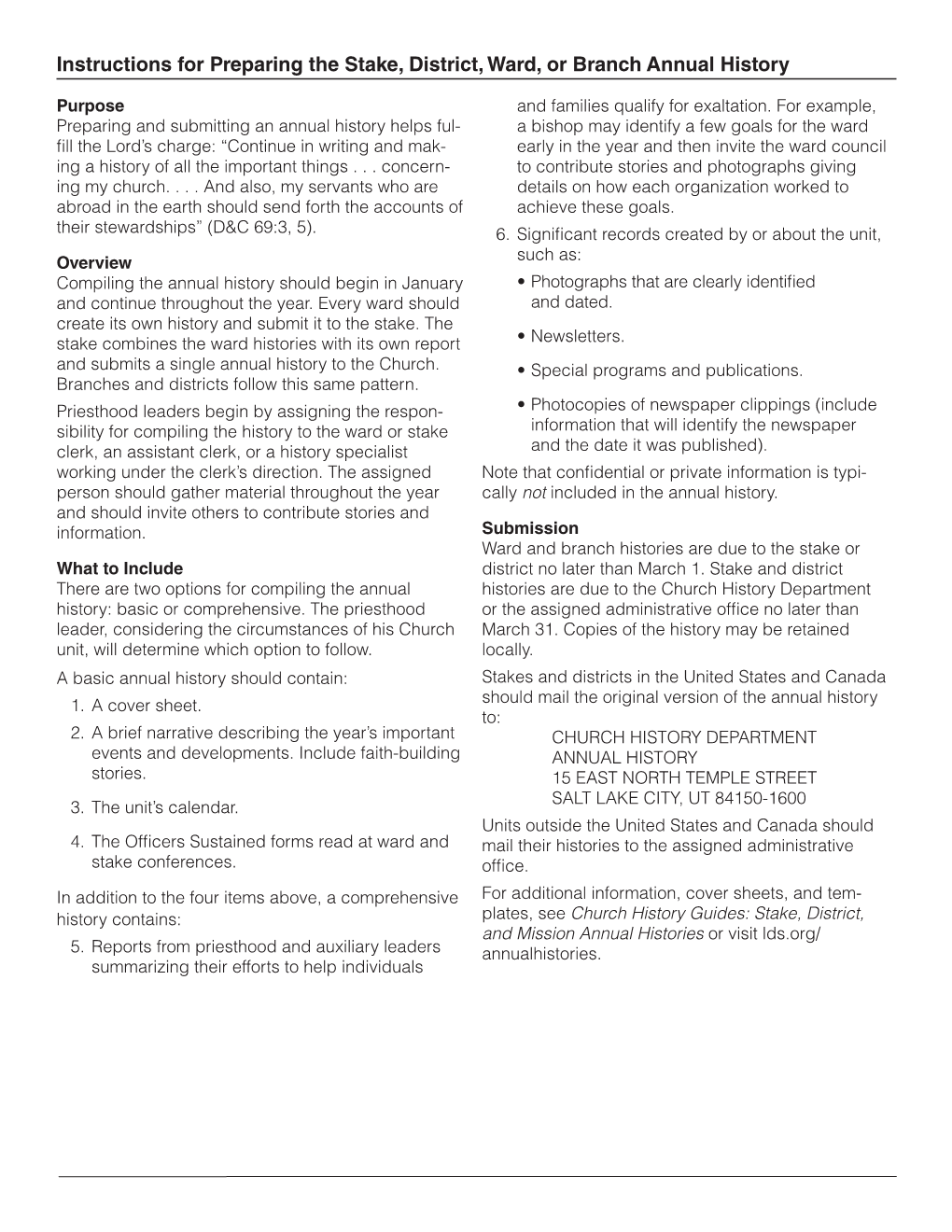 Instructions for Preparing the Stake, District, Ward, Or Branch Annual History Annual Branch Or Ward, District, Stake, the Preparing for Instructions Purpose