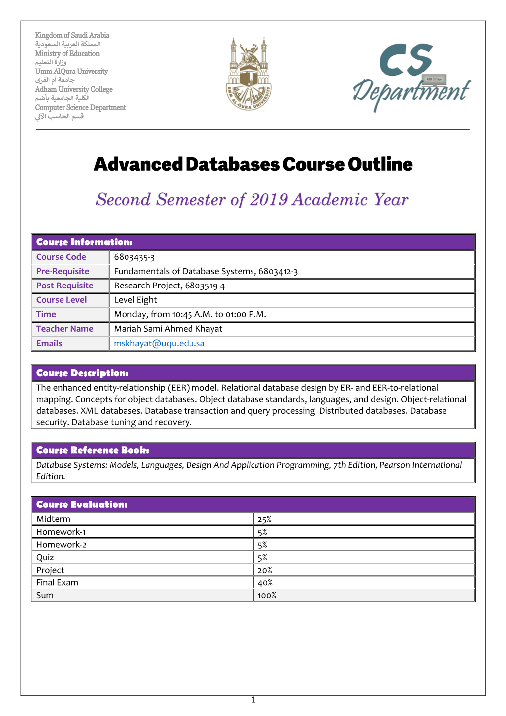 Advanced Databases Course Outline