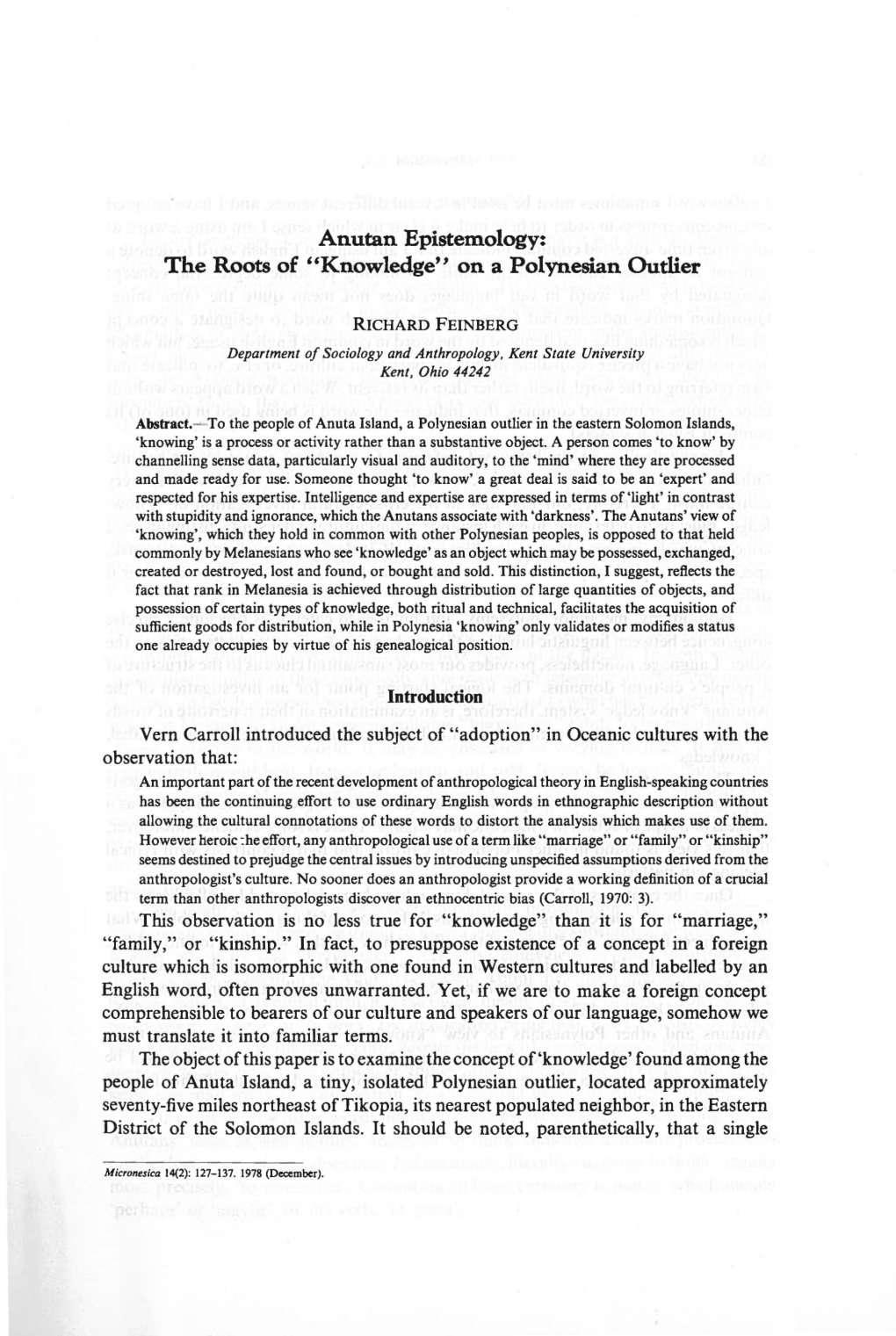 Anutan Epistemology: the Roots of "Knowledge" on a Polynesian Outlier