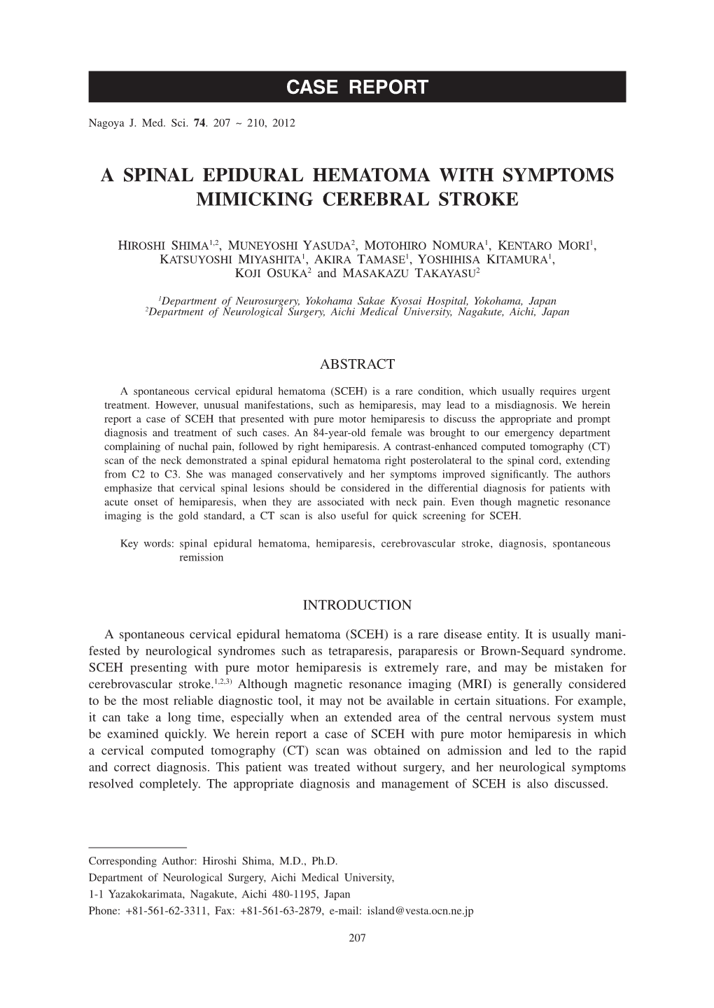 A Spinal Epidural Hematoma with Symptoms Mimicking Cerebral Stroke