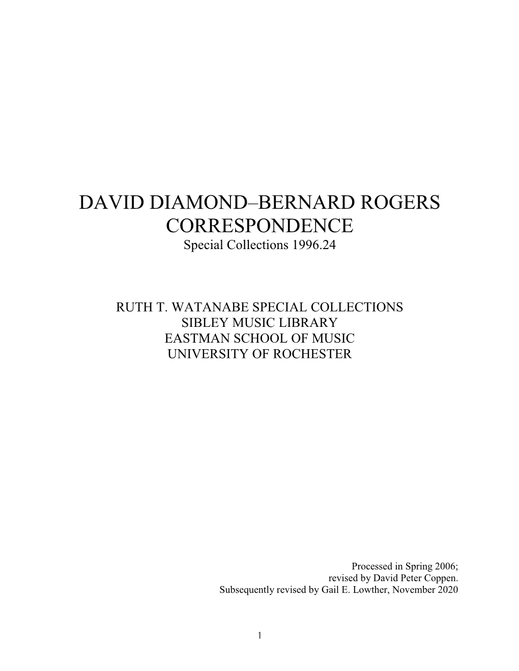 David Diamond-Bernard Rogers Correspondence