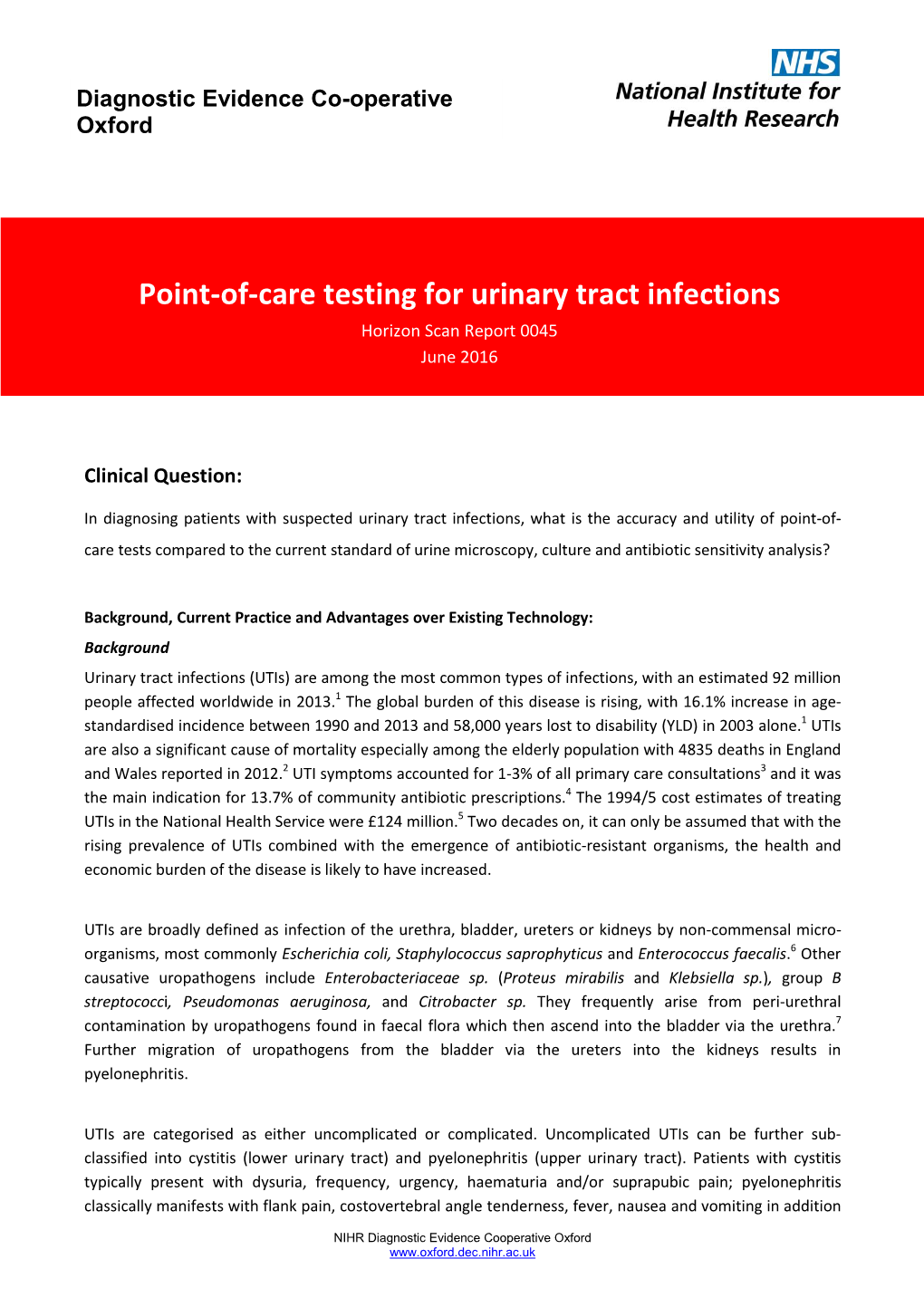 Point-Of-Care Testing for Urinary Tract Infections Horizon Scan Report 0045 June 2016