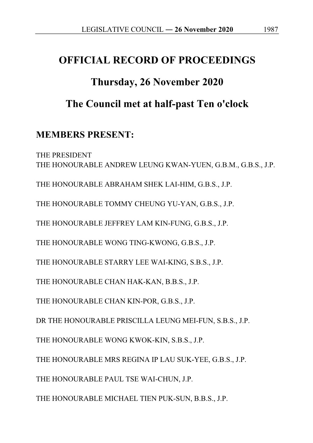 OFFICIAL RECORD of PROCEEDINGS Thursday, 26