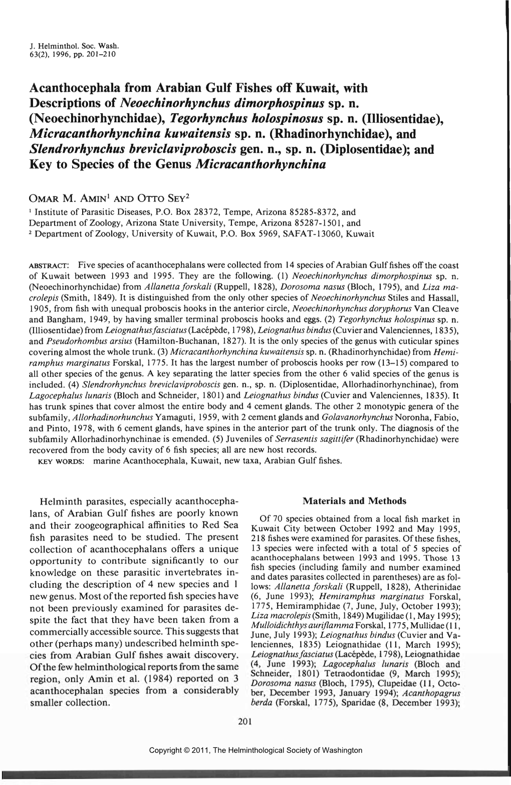 Acanthocephala from Arabian Gulf Fishes Off Kuwait, with Descriptions of Neoechinorhynchus Dimorphospinus Sp