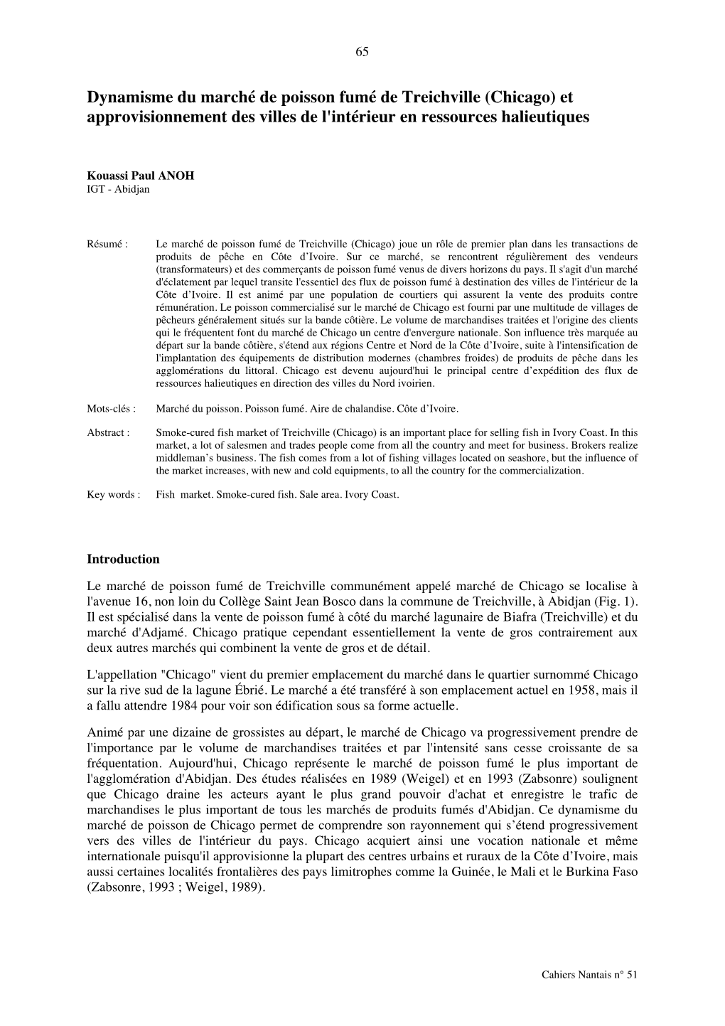 Dynamisme Du Marché De Poisson Fumé De Treichville (Chicago) Et Approvisionnement Des Villes De L'intérieur En Ressources Halieutiques