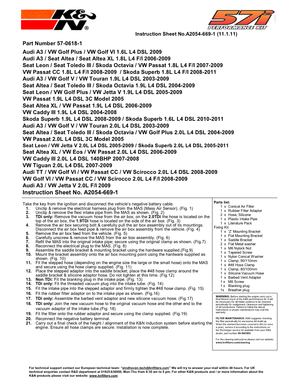 Instruction Sheet No. A2054-669-1