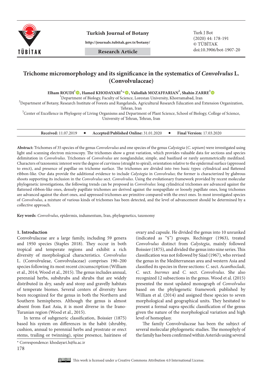 Trichome Micromorphology and Its Significance in the Systematics Ofconvolvulus L