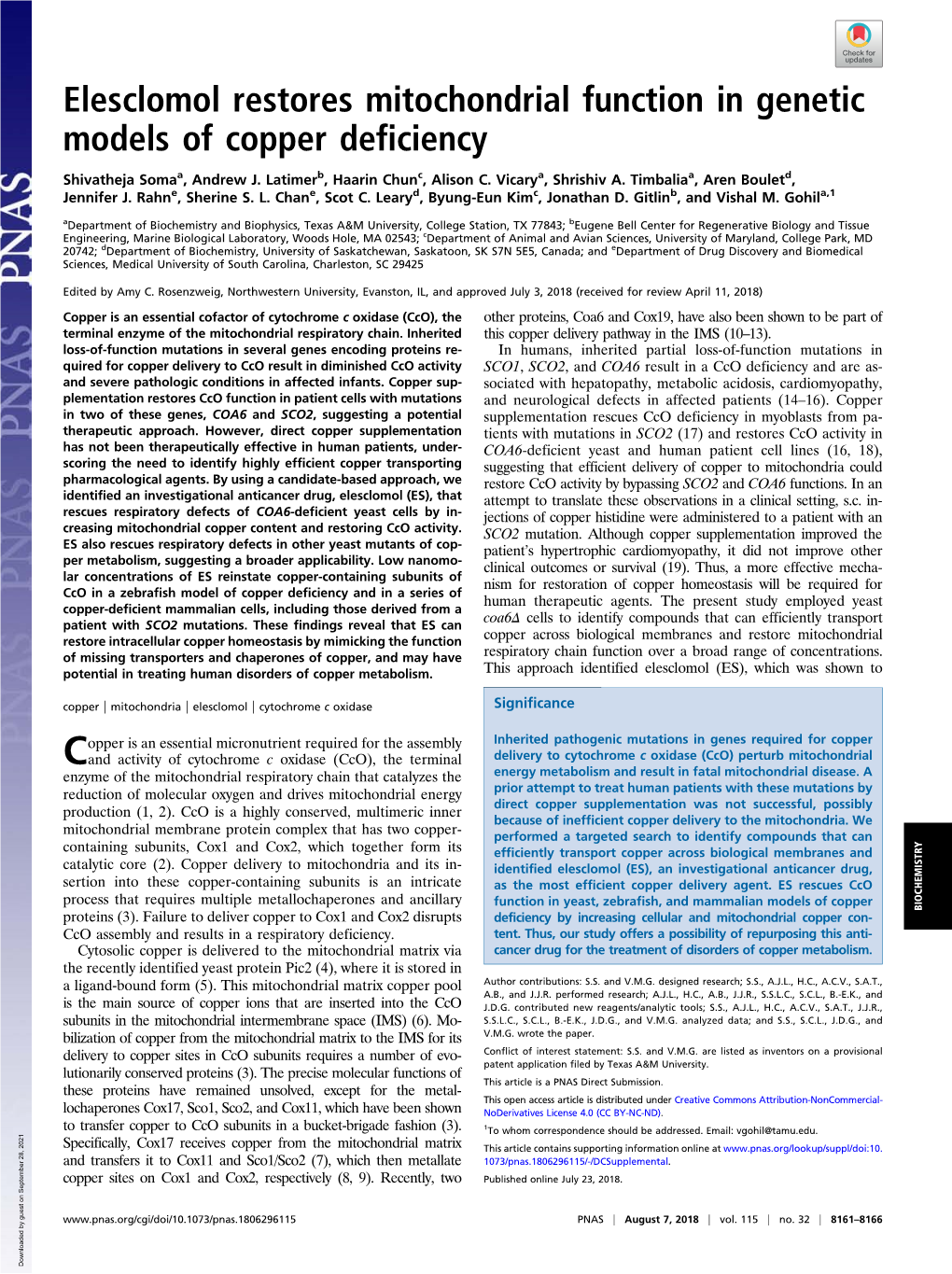 Elesclomol Restores Mitochondrial Function in Genetic Models of Copper Deficiency