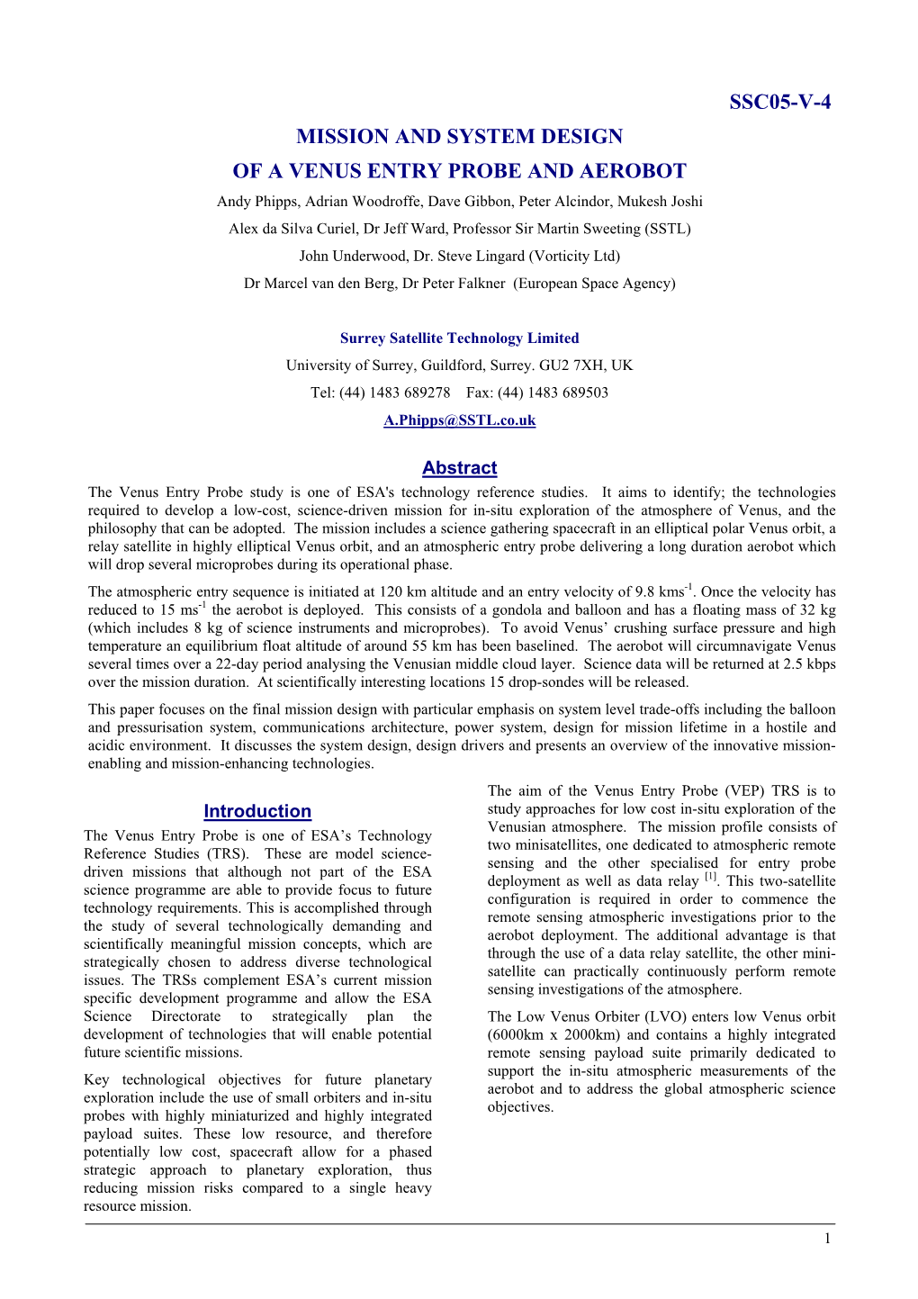 Mission and System Design of a Venus Entry Probe And