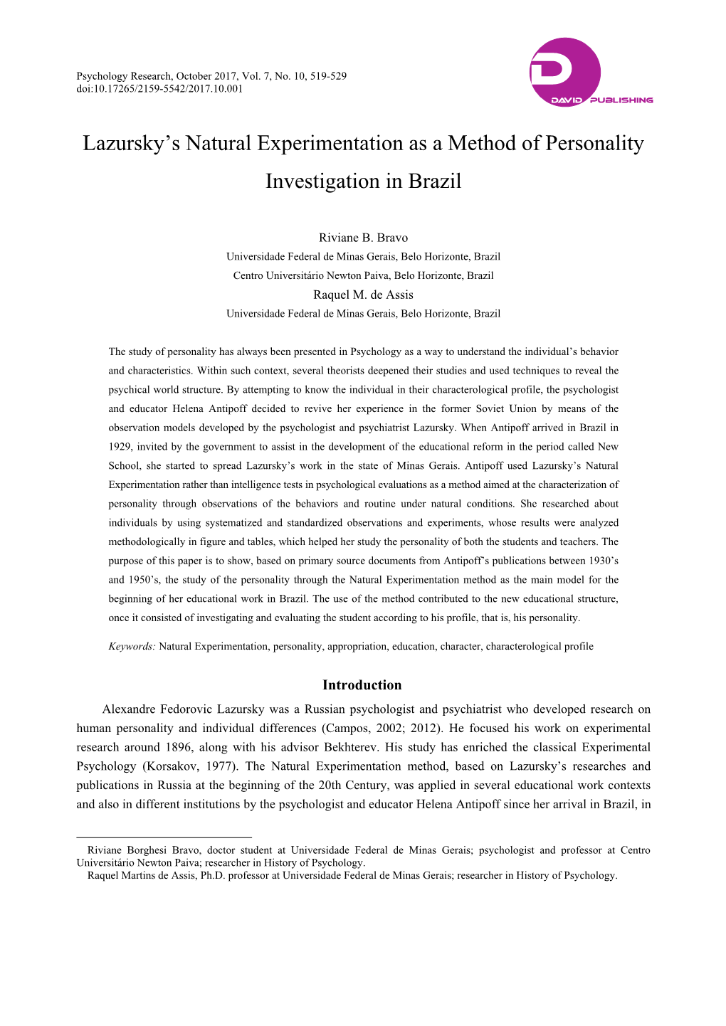 Lazursky's Natural Experimentation As a Method of Personality Investigation in Brazil