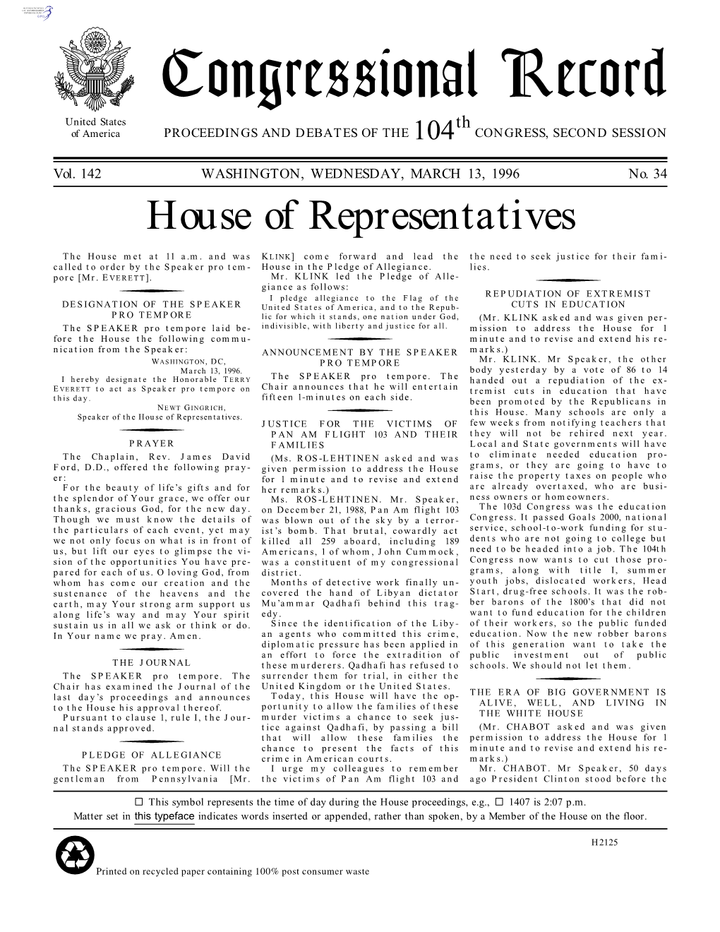 Congressional Record United States Th of America PROCEEDINGS and DEBATES of the 104 CONGRESS, SECOND SESSION