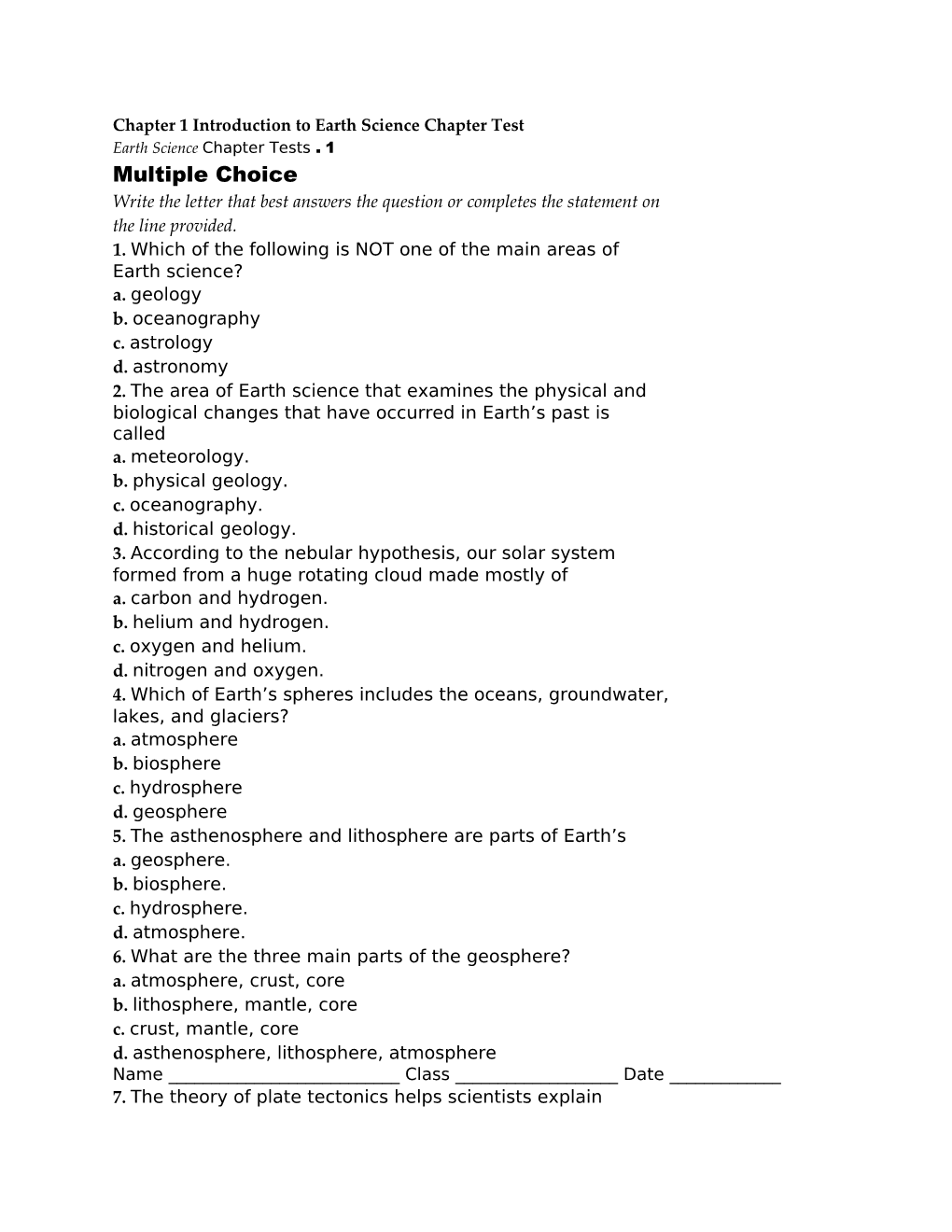 Chapter 1 Introduction to Earth Science Chapter Test