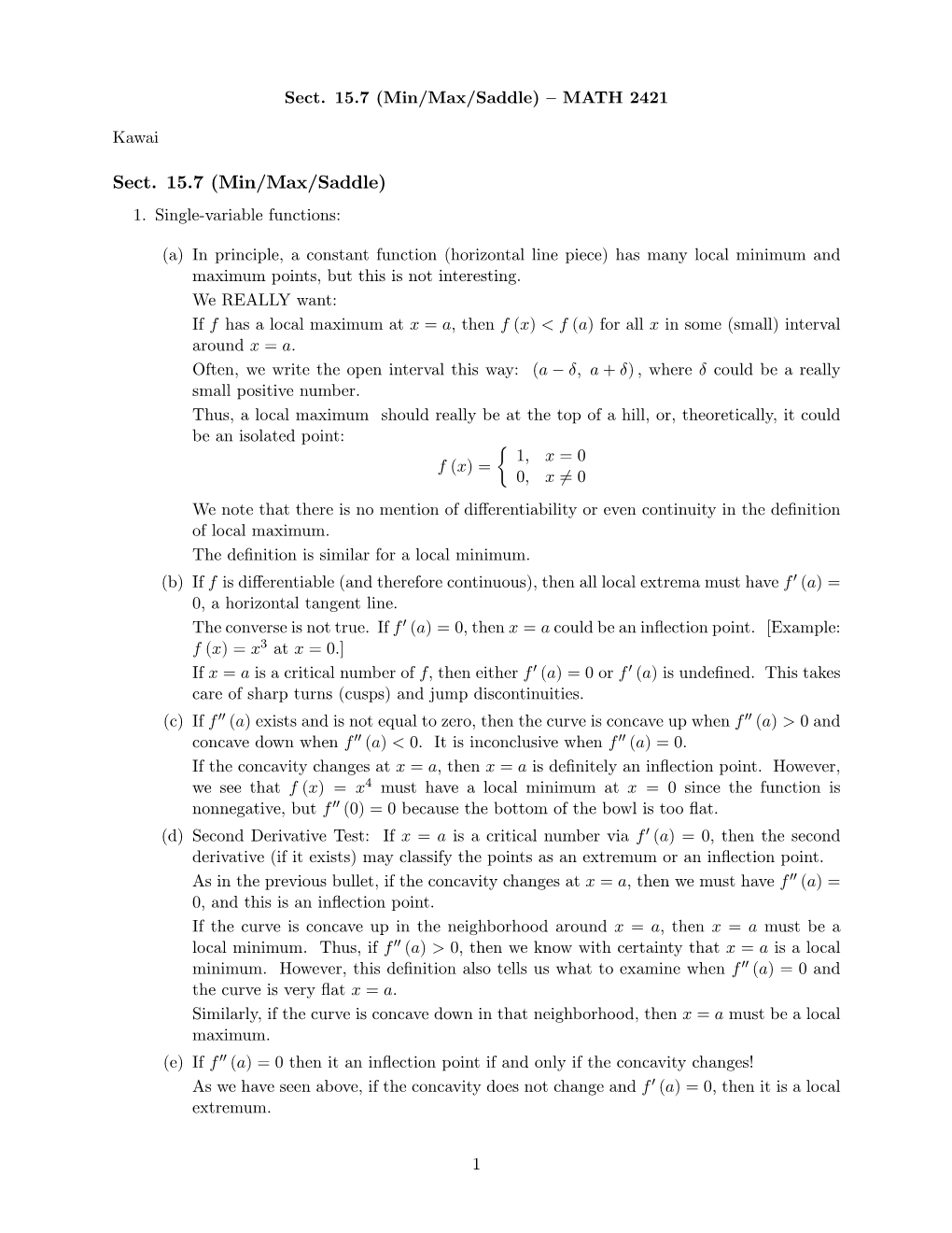 Sect. 15.7 (Min/Max/Saddle) —MATH 2421