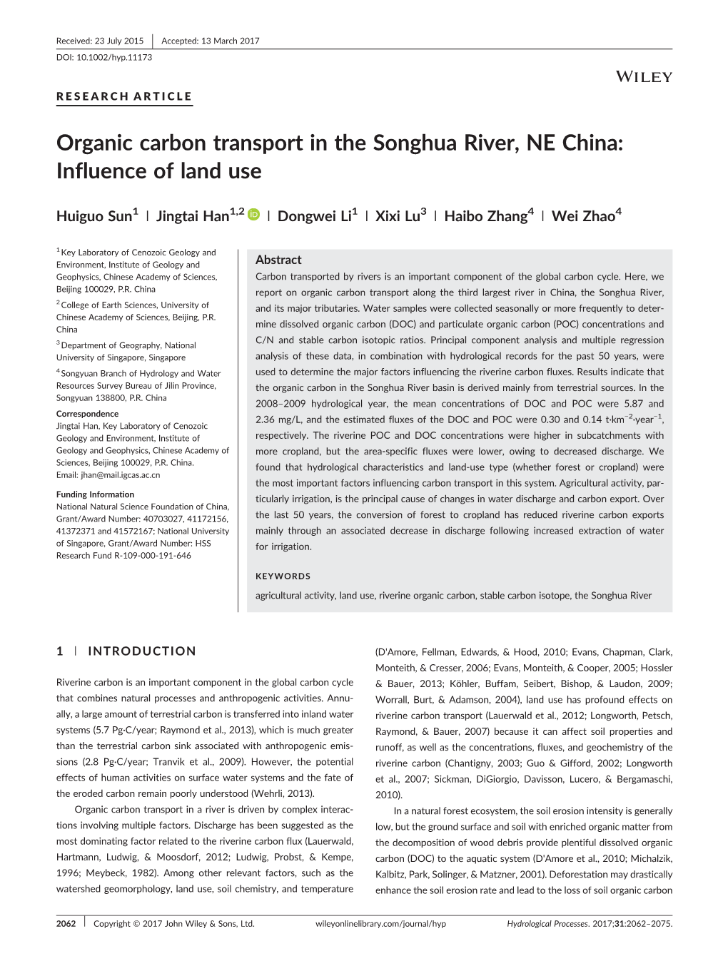 Organic Carbon Transport in the Songhua River, NE China: Influence of Land Use